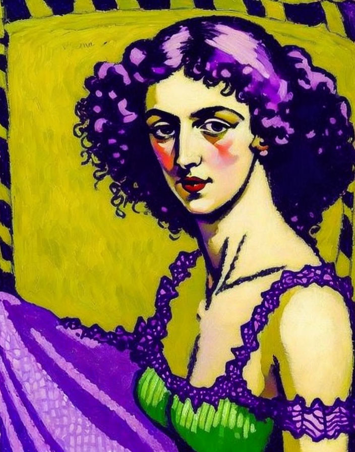 Woman with Curly Purple Hair in Green Dress on Yellow Background