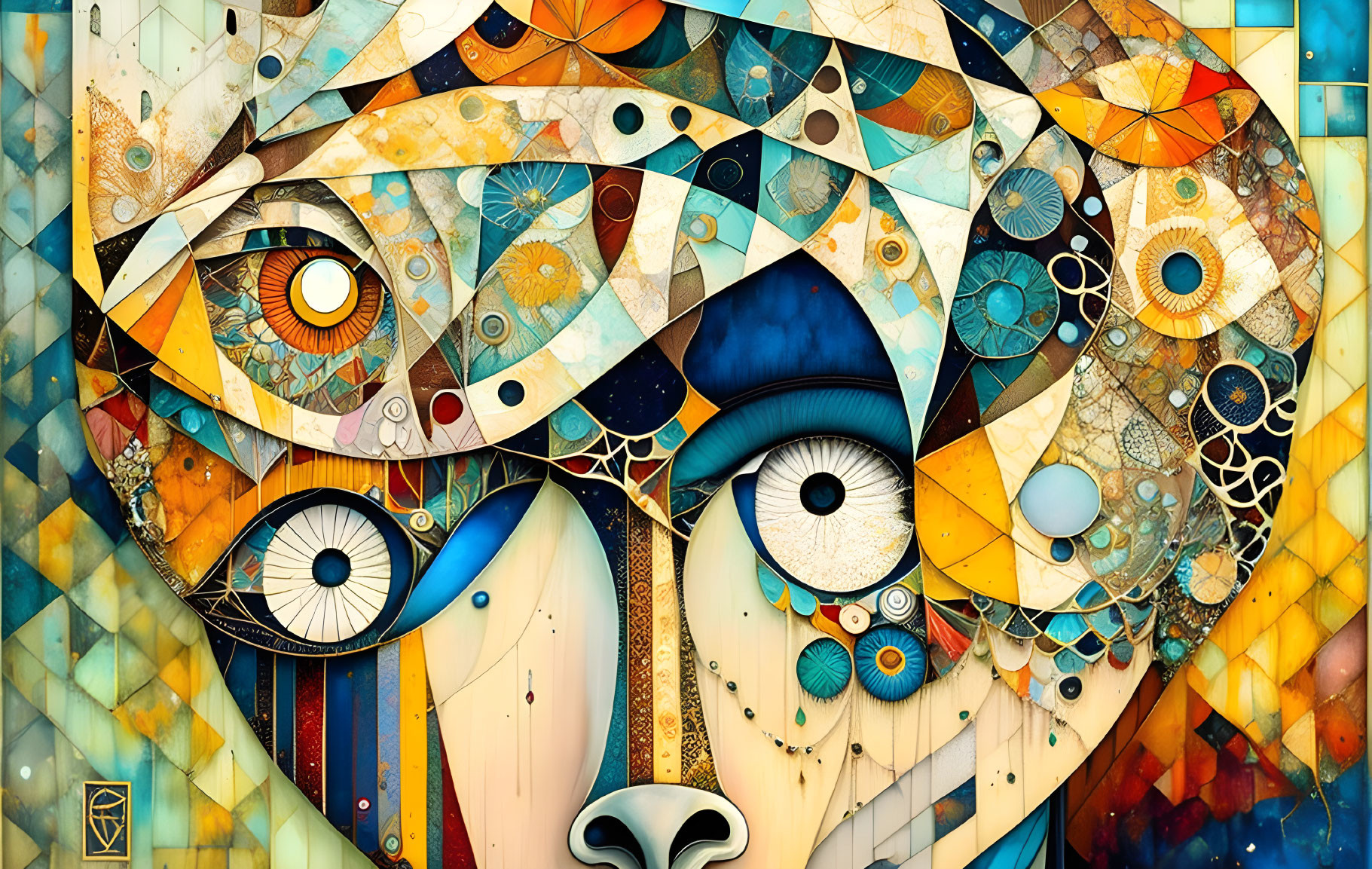 Colorful Abstract Mosaic Artwork with Stylized Face and Multiple Eyes