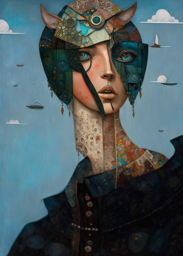 Segmented ornate helmet woman portrait with owl-like features and whimsical flying boats.