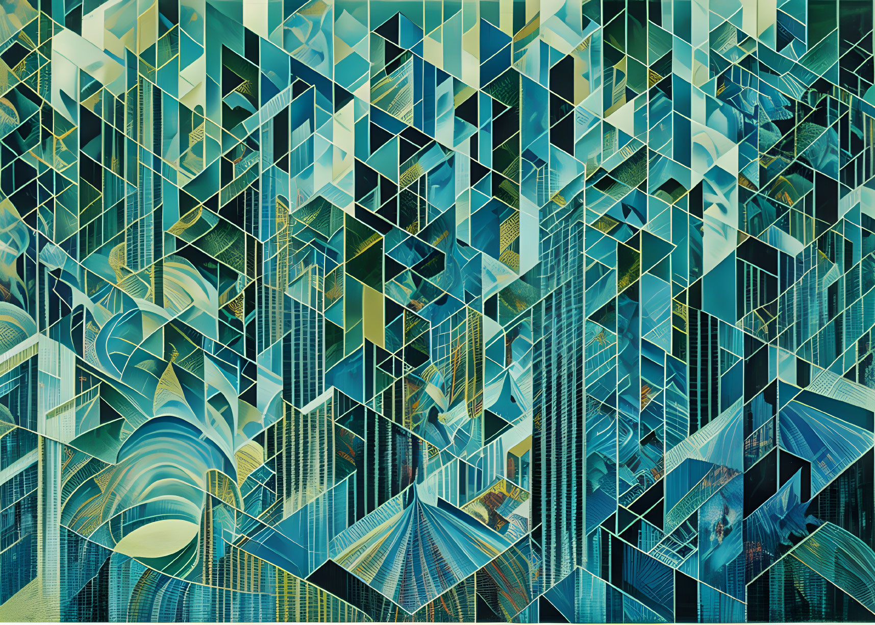 Complex Abstract Mosaic of Geometric Patterns in Blue and Green