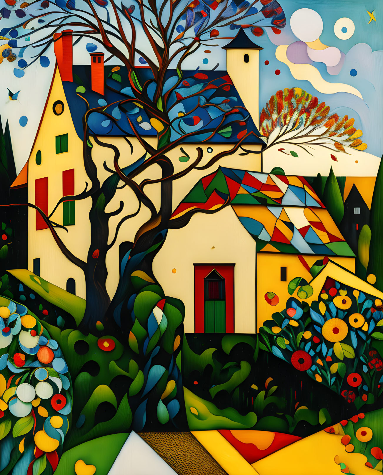 Colorful painting of whimsical houses, tree, flowers, and floating circles on dark background