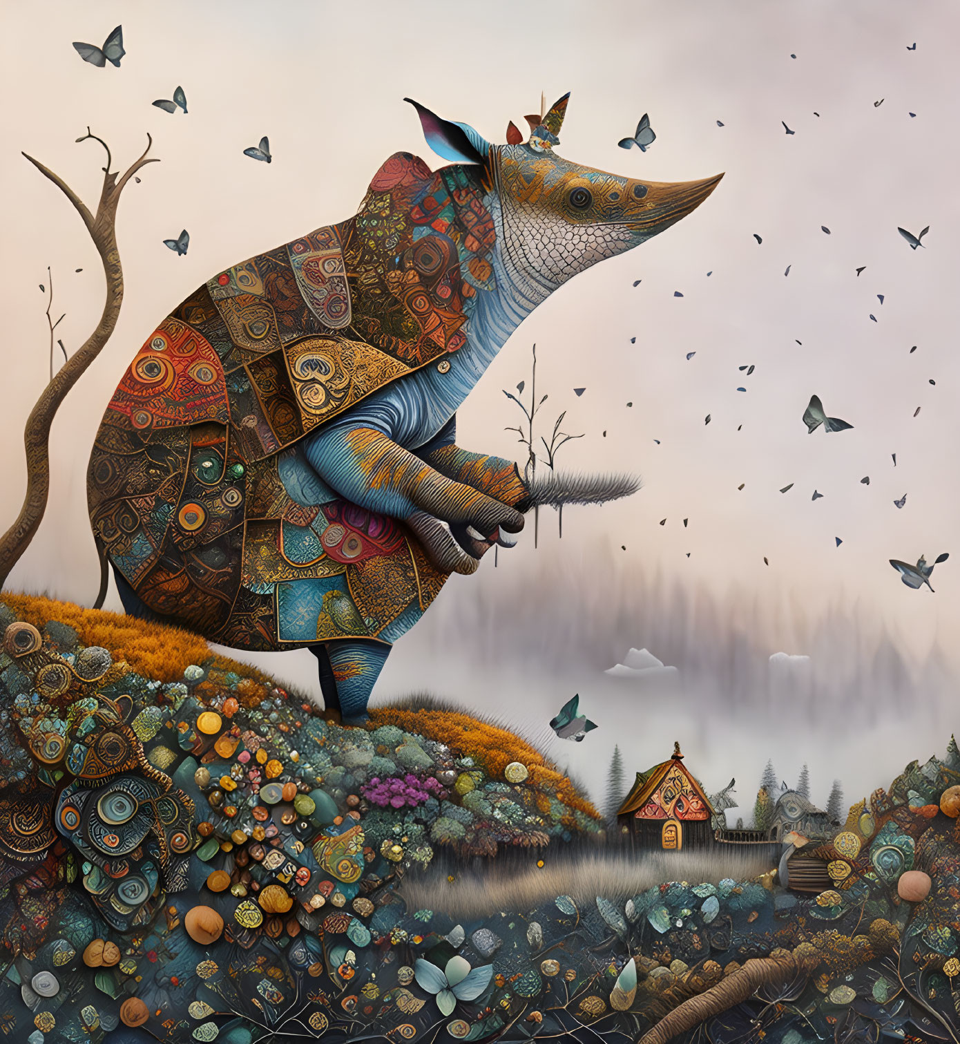 Patterned Armadillo on Decorated Hill with Butterflies and Foggy Landscape