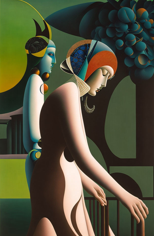 Stylized women with blue headpiece and vibrant colors in surreal artwork