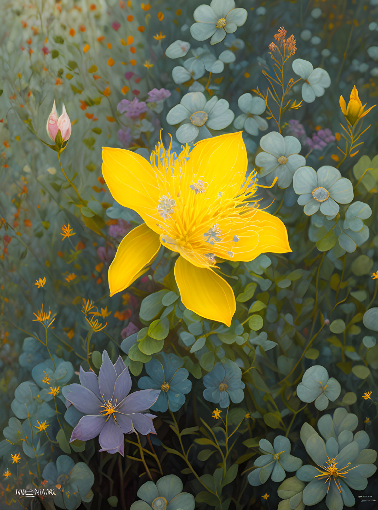 Colorful floral illustration with vibrant yellow flower and delicate stamens among varied blossoms and foliage