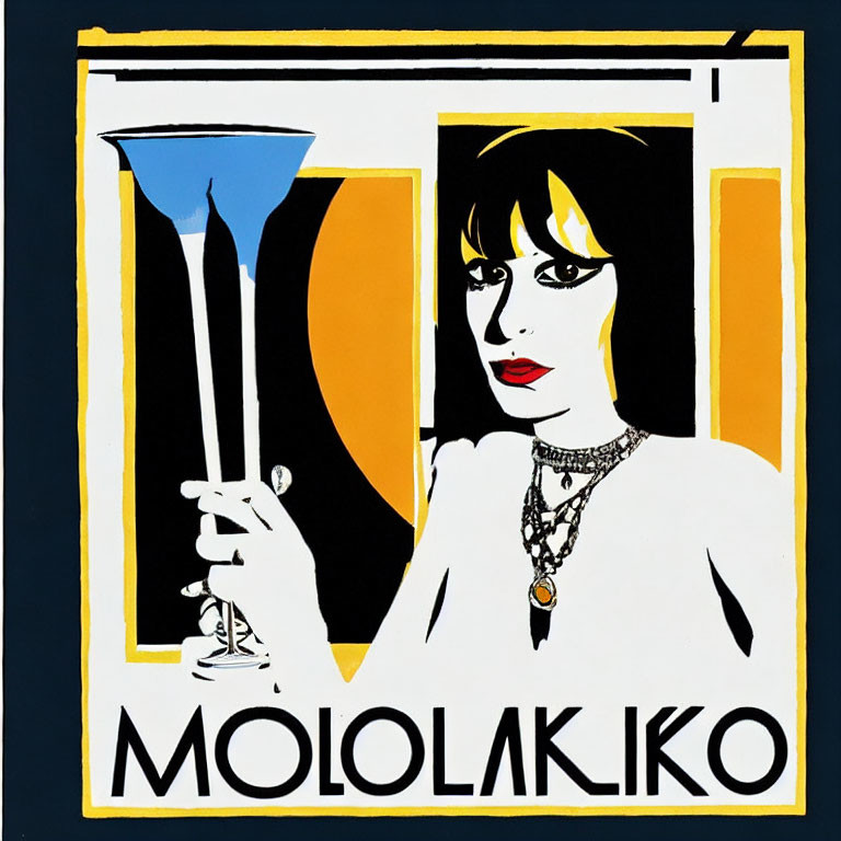 Stylized Artwork of Woman Holding Glass with "MOLOLAKIKO" in Bold