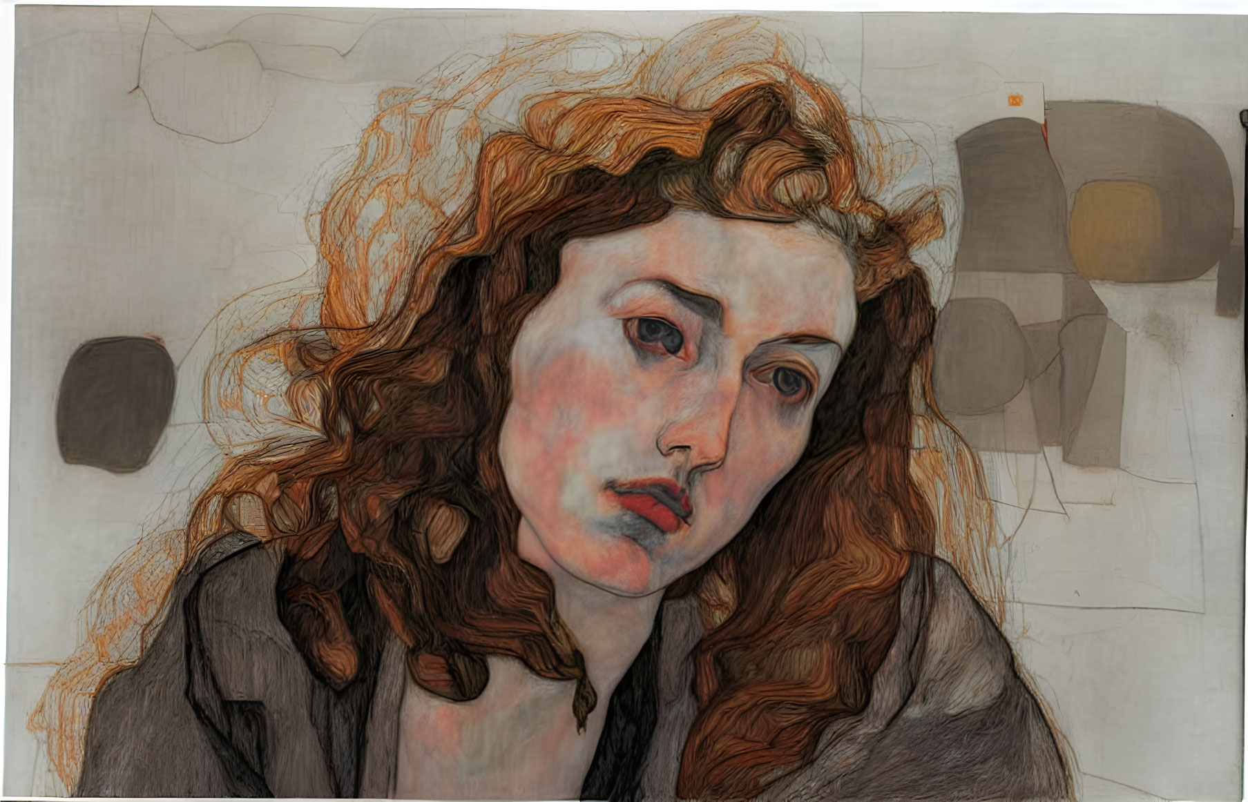 Portrait of Woman with Red Curly Hair and Sad Expression on Abstract Background