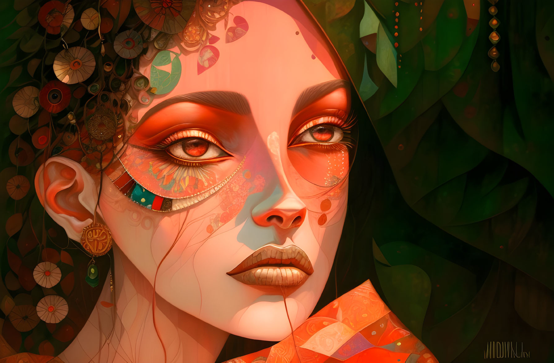 Digital illustration: Woman with fiery red eyes and floral patterns in leafy backdrop