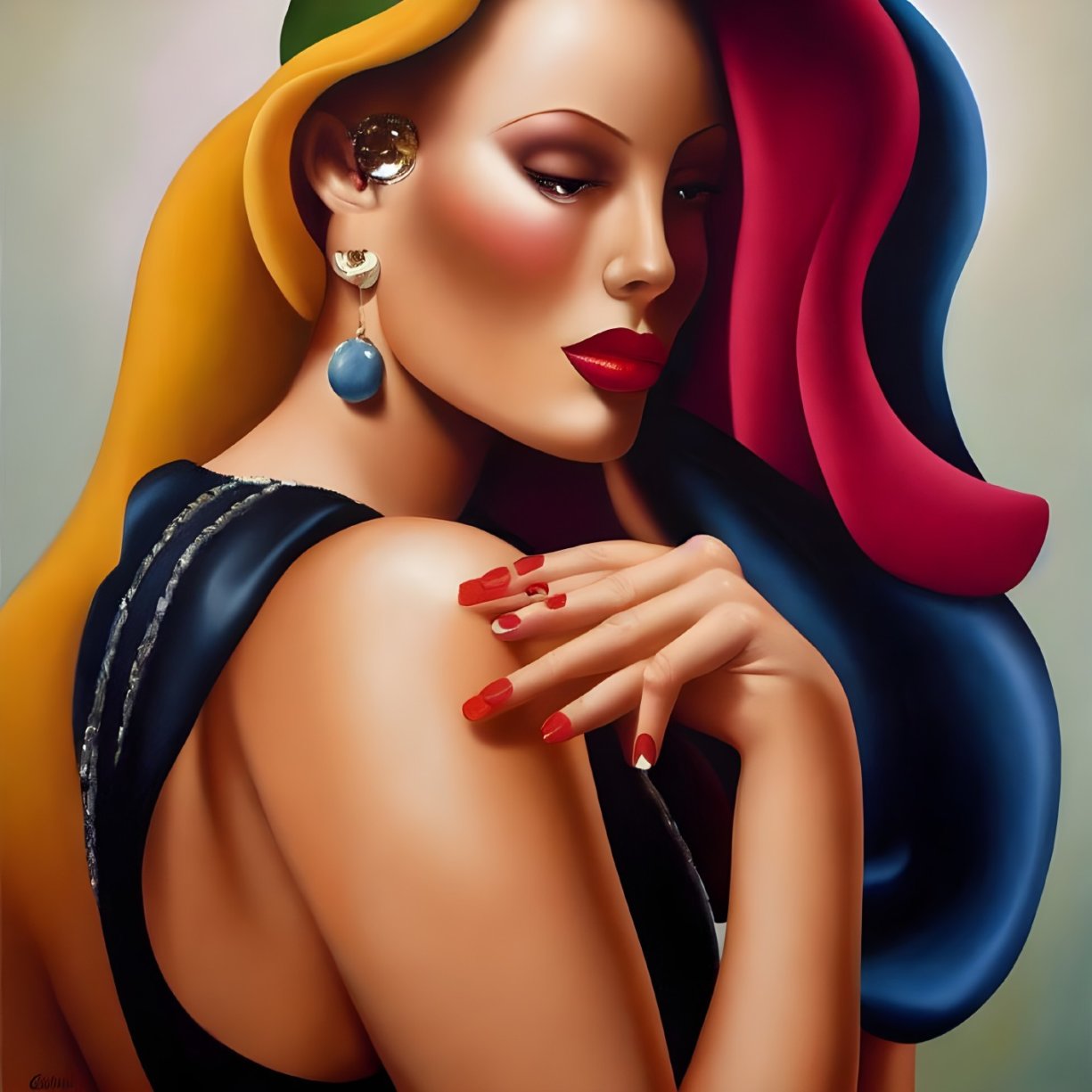 Vibrant portrait of a lady with red lips, large earring, and wavy hair