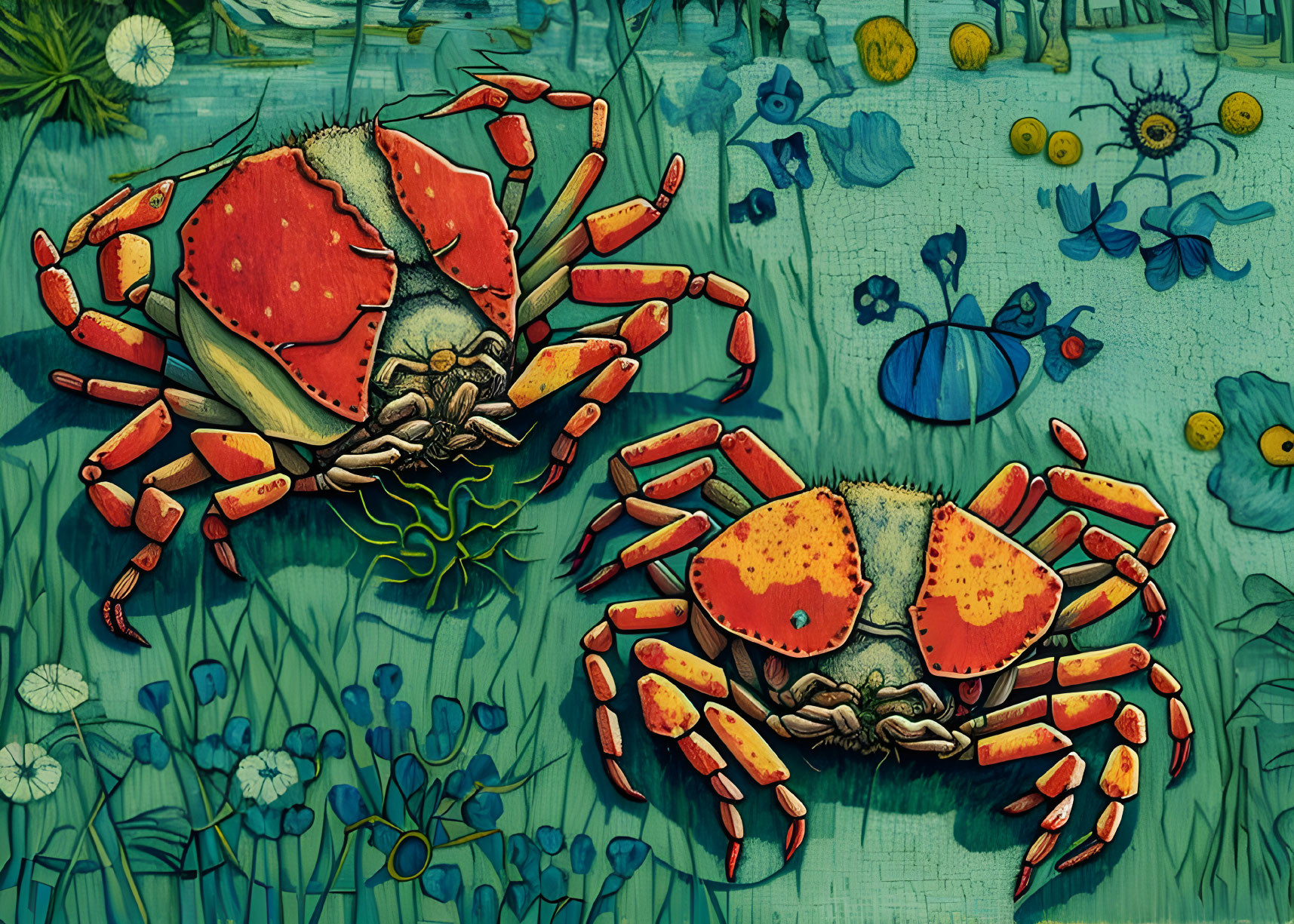 Colorful illustrated crabs in sea-green setting with marine life.