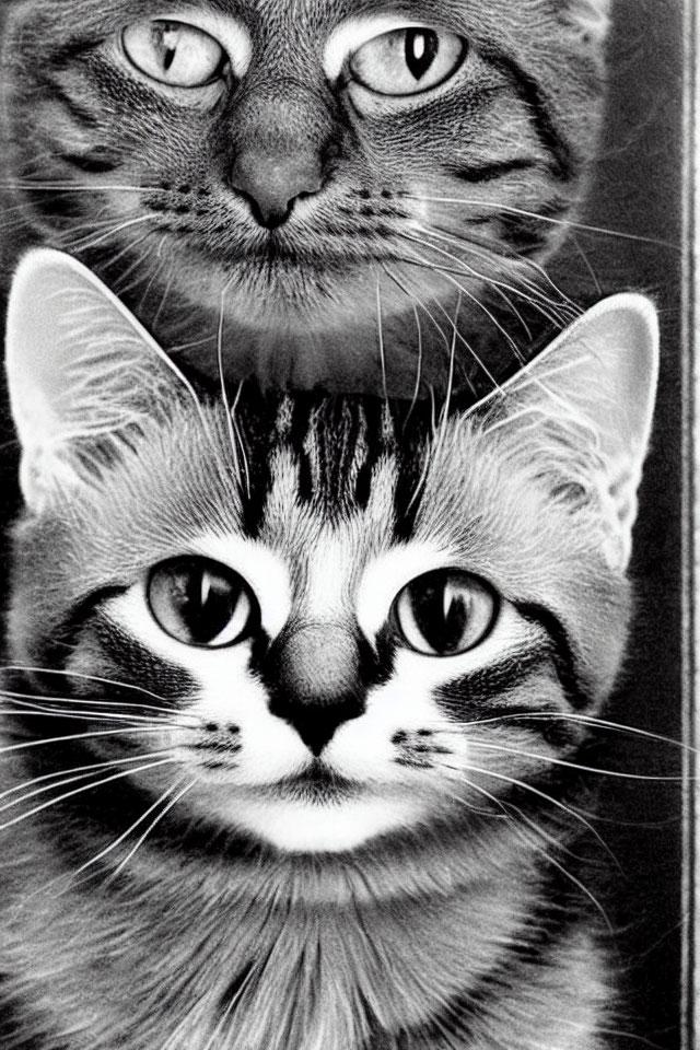 Vertical Black and White Photo of Two Cats in Focus