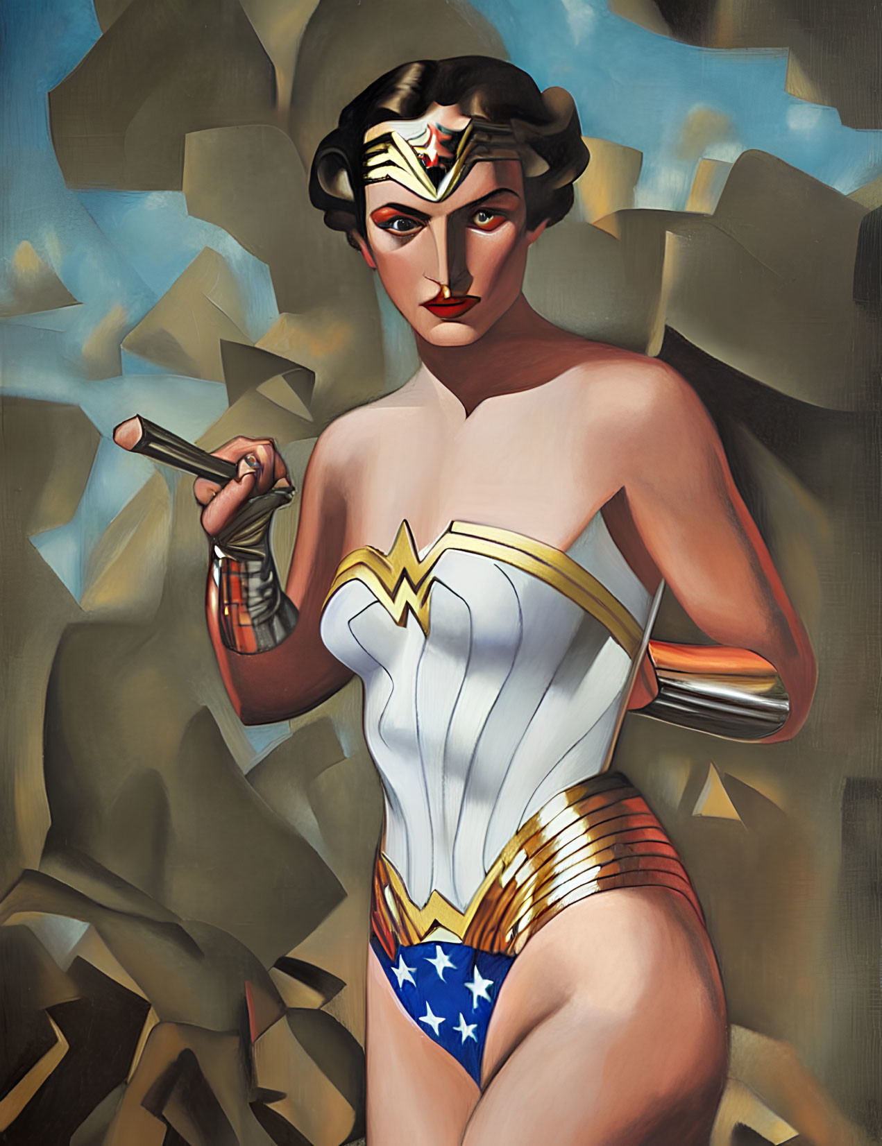 Female superhero with tiara and lasso in red, white, and blue costume on abstract background