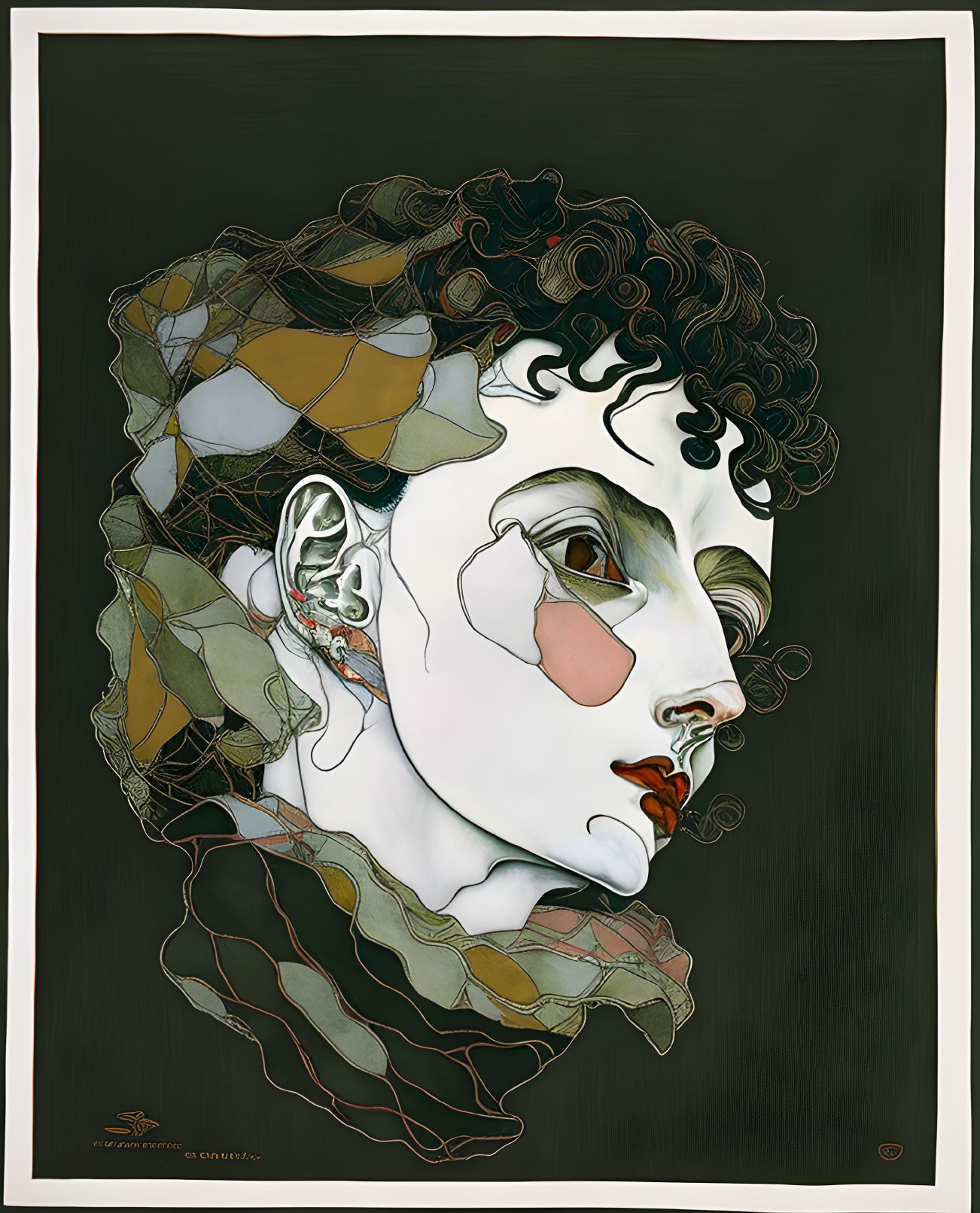 Stylized human profile with intricate hair and layers in muted colors