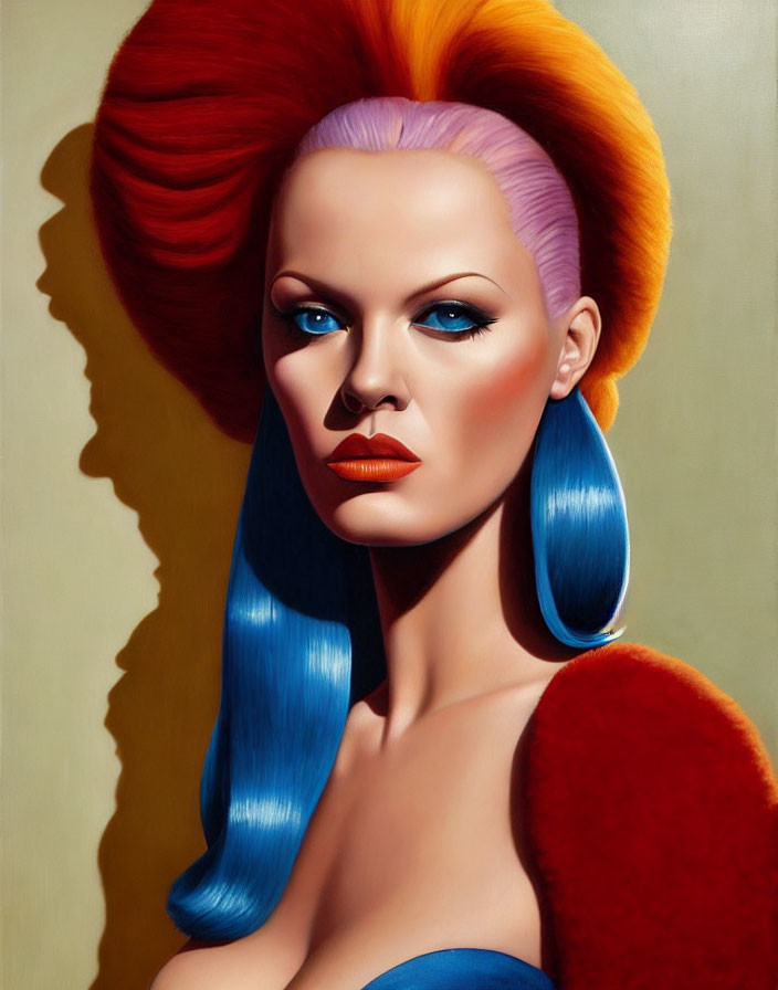 Portrait of Woman with Red-Orange and Blue Hair, Hoop Earrings, and Bold Makeup