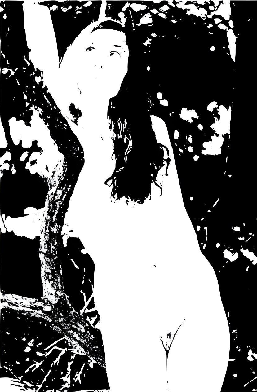 Monochromatic nude female figure leaning on a tree in high-contrast art