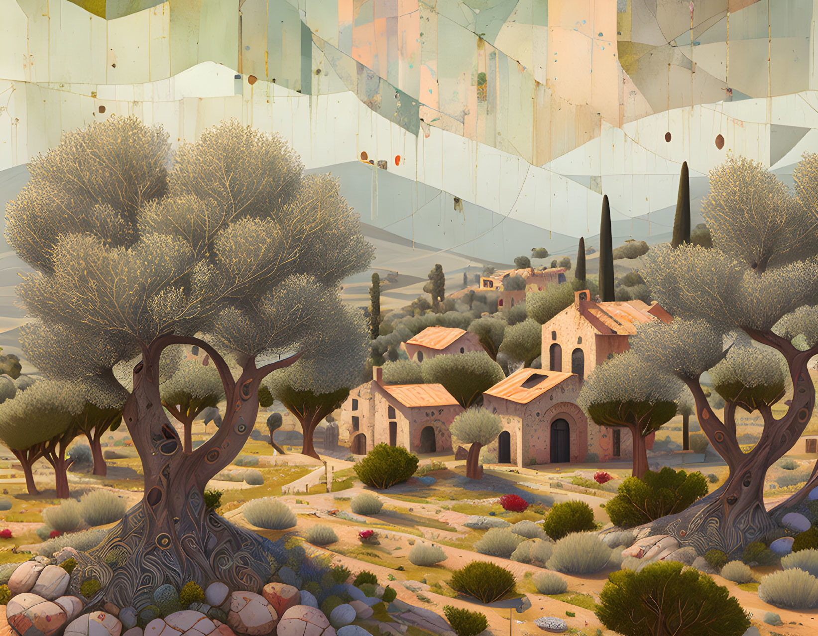 Whimsical landscape with stylized trees, villa, hot air balloons, and patchwork sky.