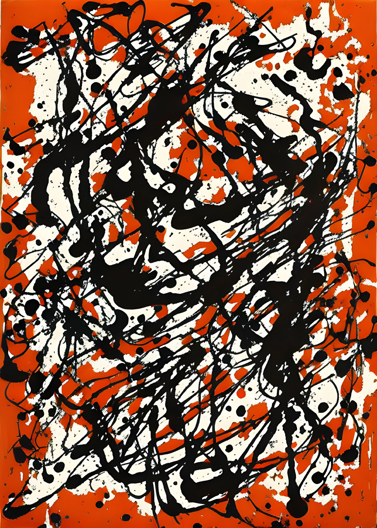 Chaotic black and red lines on vibrant orange background