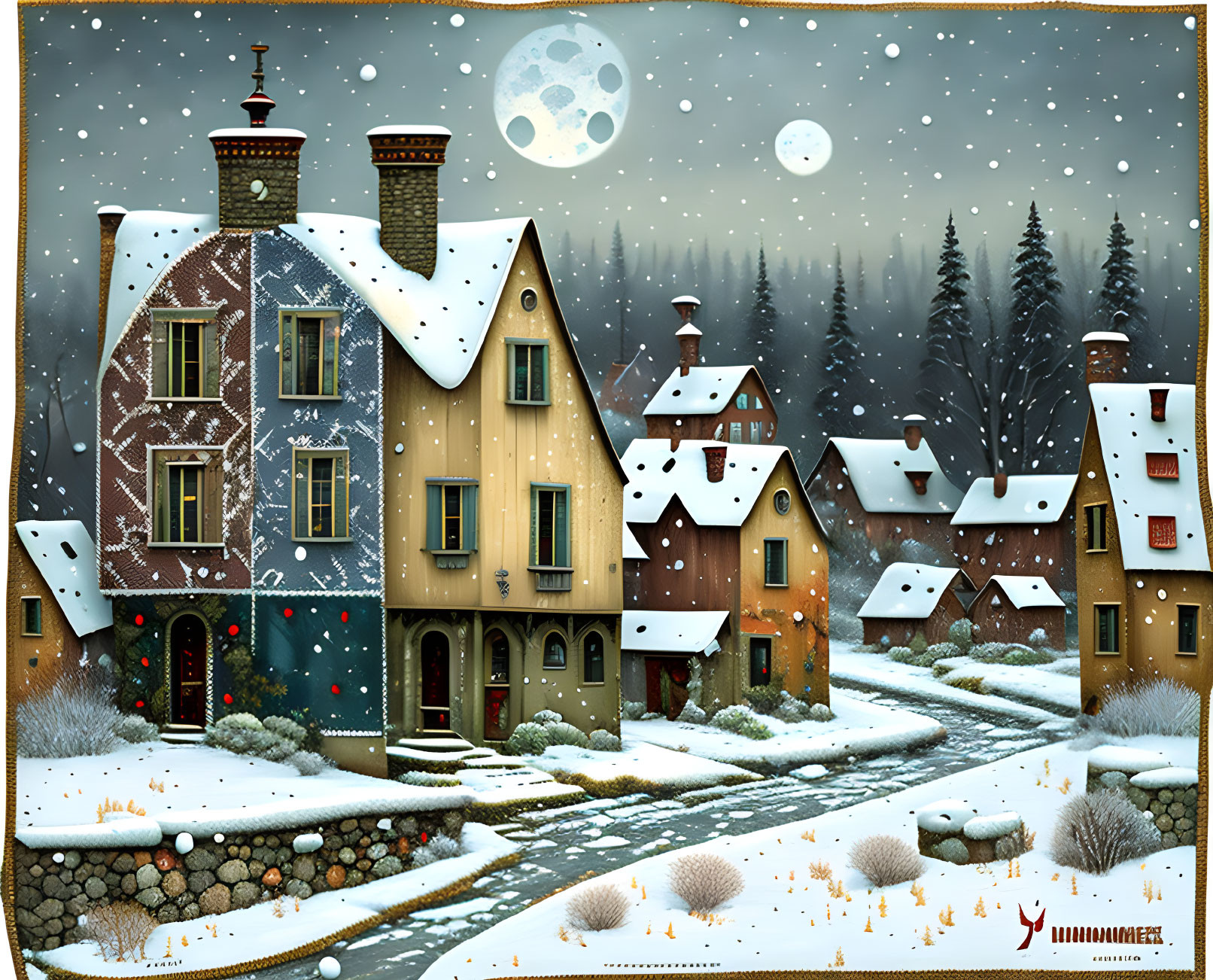 Snow-covered village houses with festive decorations under a full moon and falling snowflakes