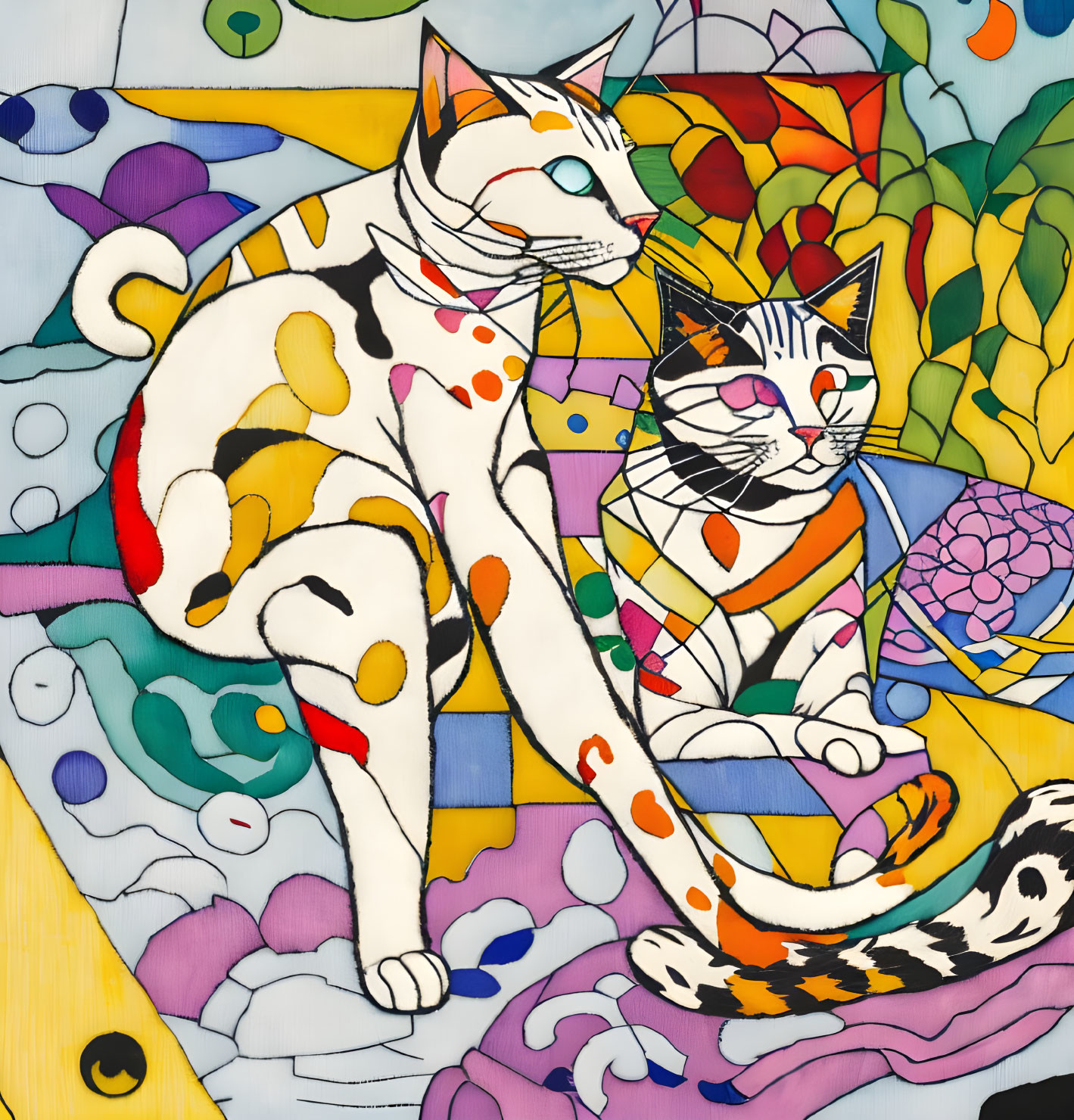 Colorful Stylized Cats Against Whimsical Background