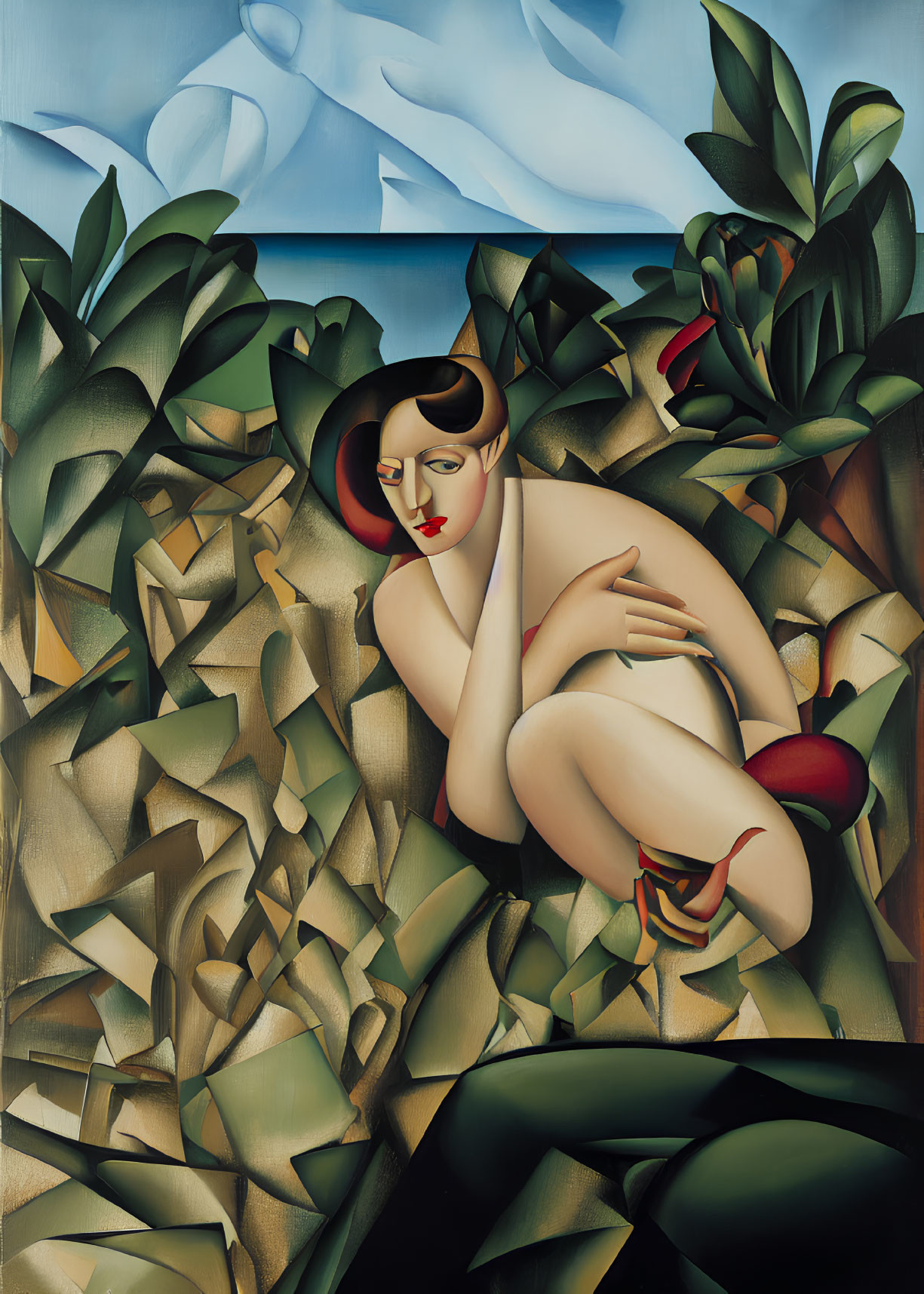 Cubist-style painting of seated figure among geometric forms and nature