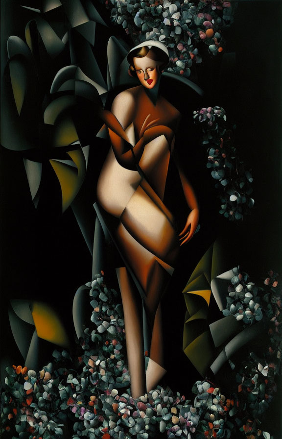 Stylized Cubist painting of female figure with abstract floral elements