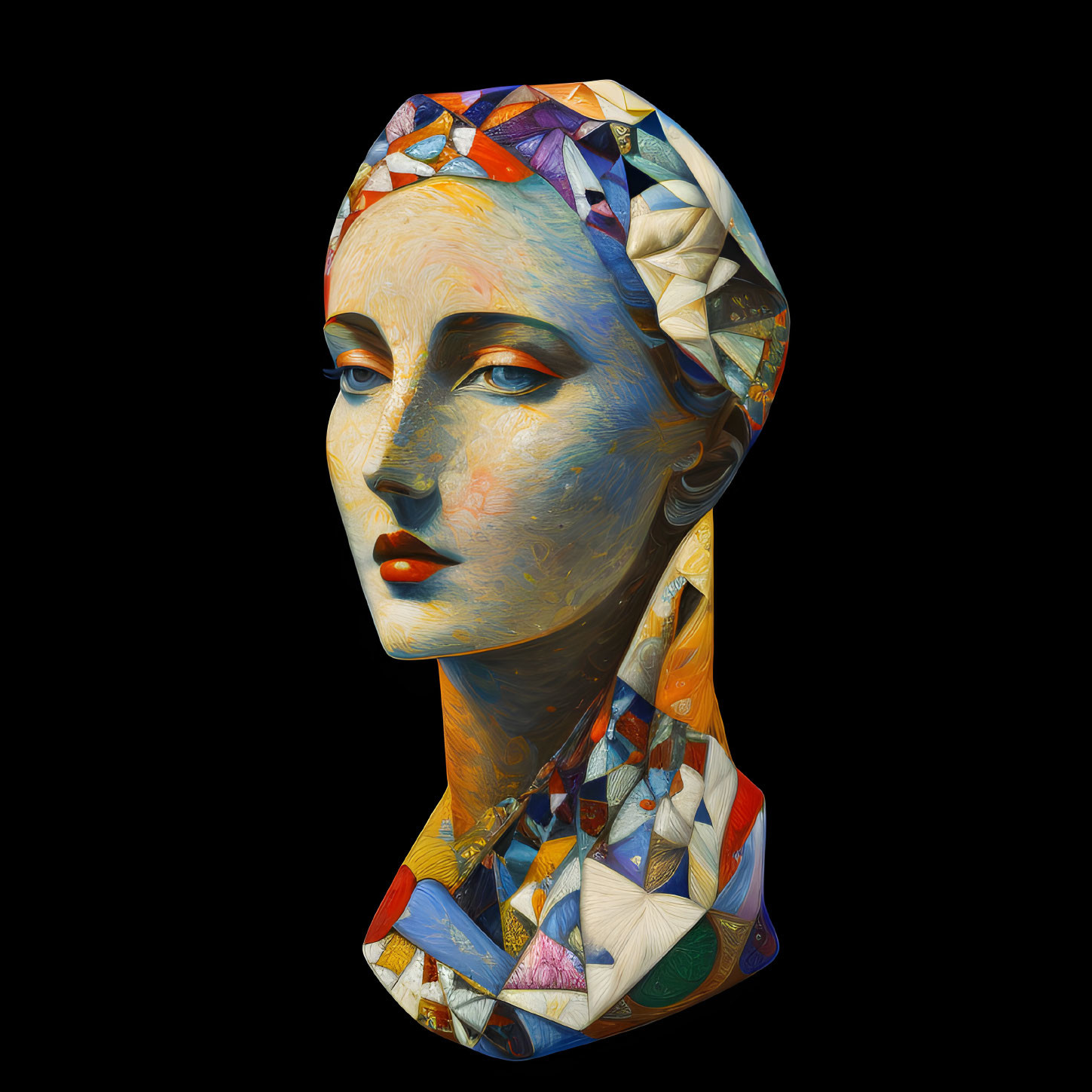 Colorful Geometric Patterned Woman's Bust Artwork on Black Background