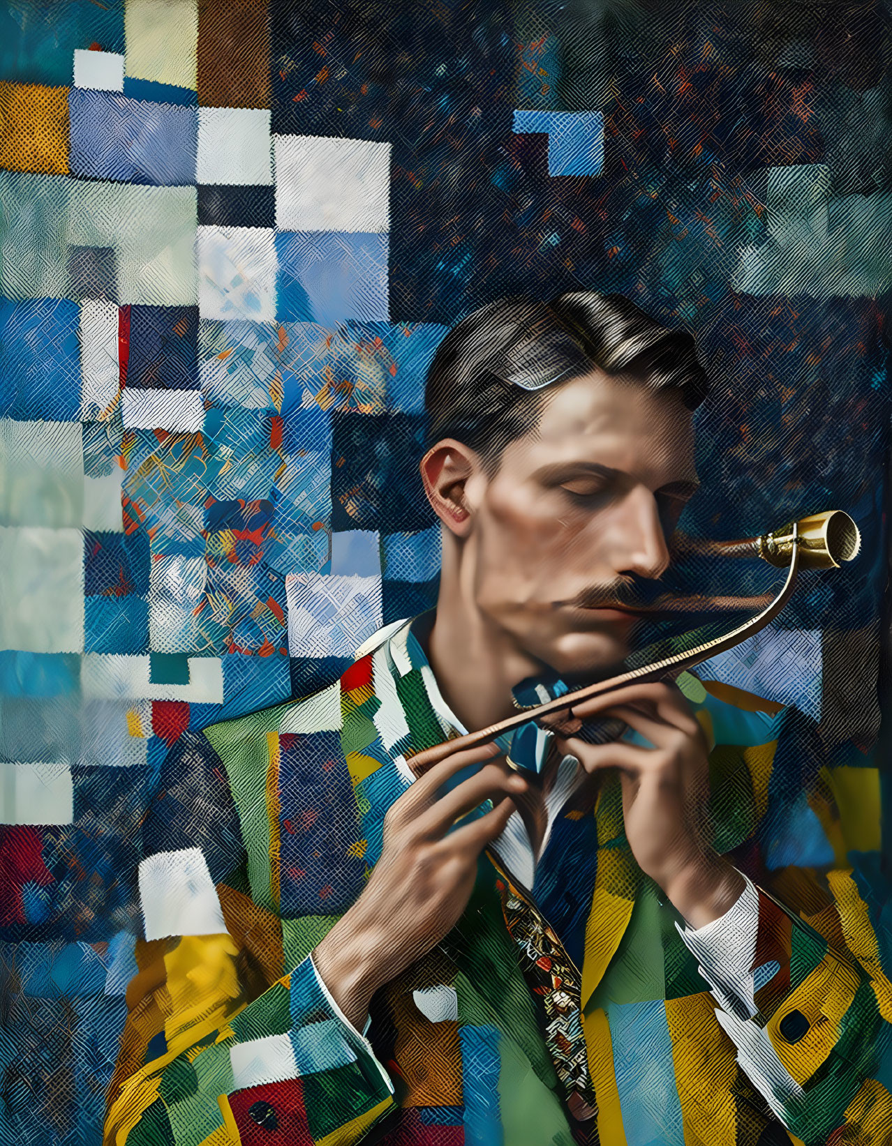 Colorful Patchwork Suit Man Playing Brass Pipe on Mosaic Background