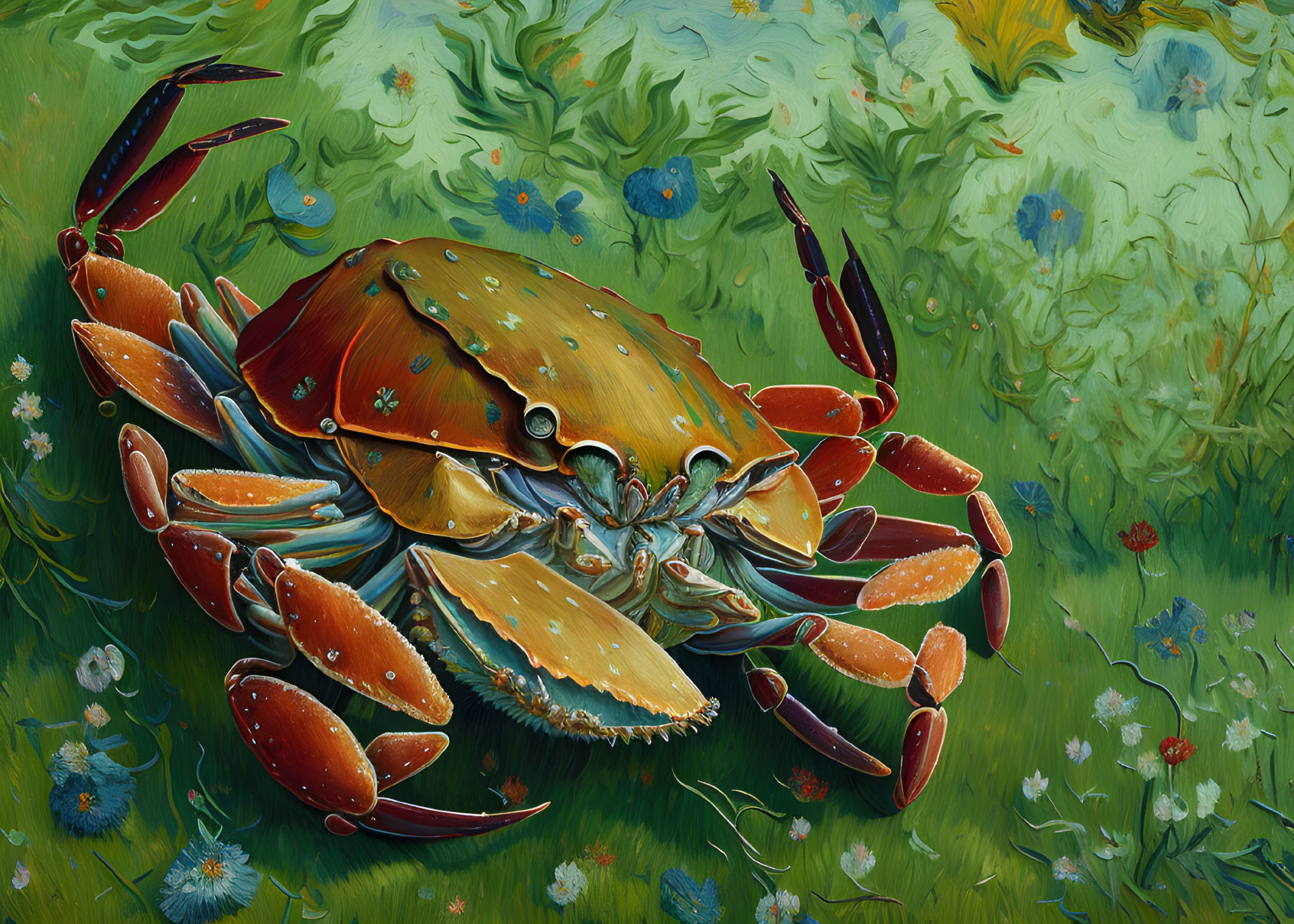 Detailed illustration of large crab in lush underwater setting