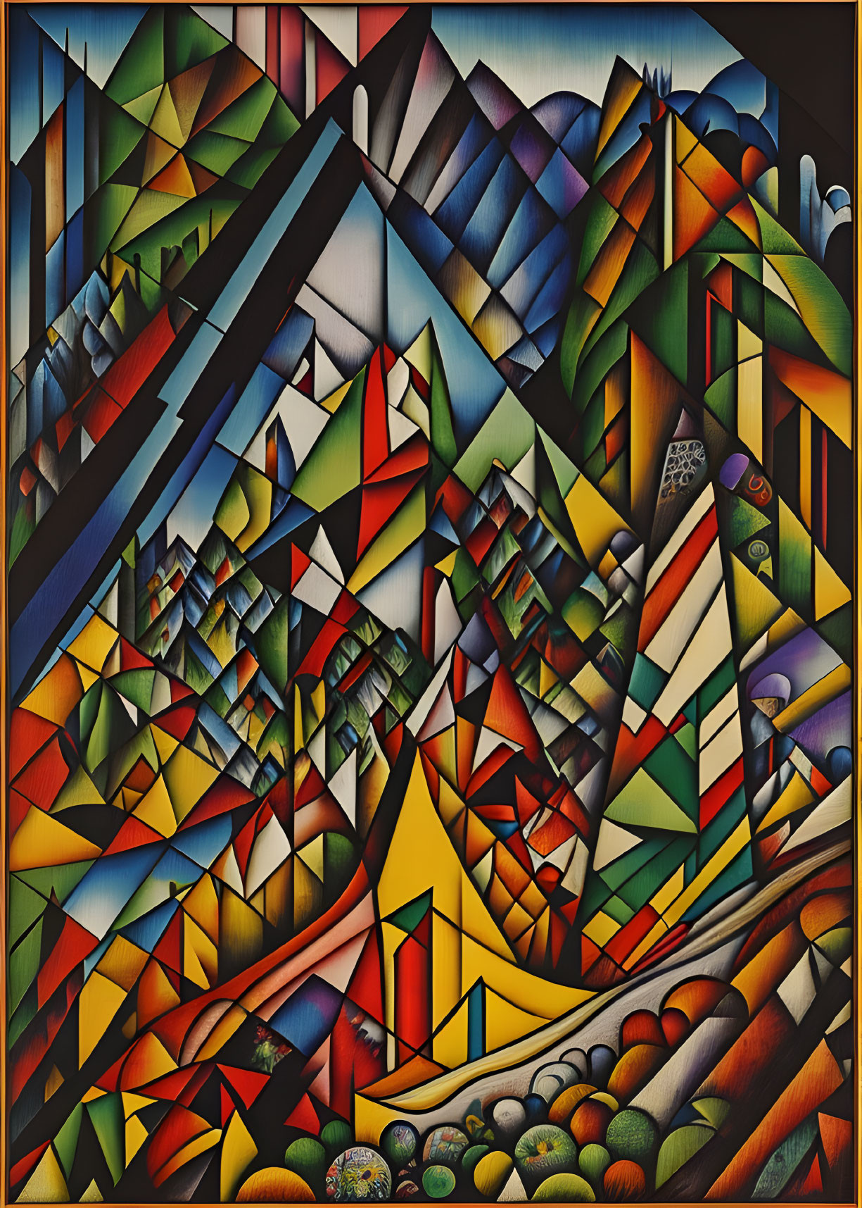 Colorful Cubist Landscape with Mountains and Spheres