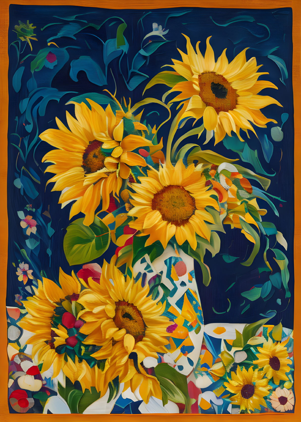 Sunflower painting in patterned vase on dark blue botanical backdrop