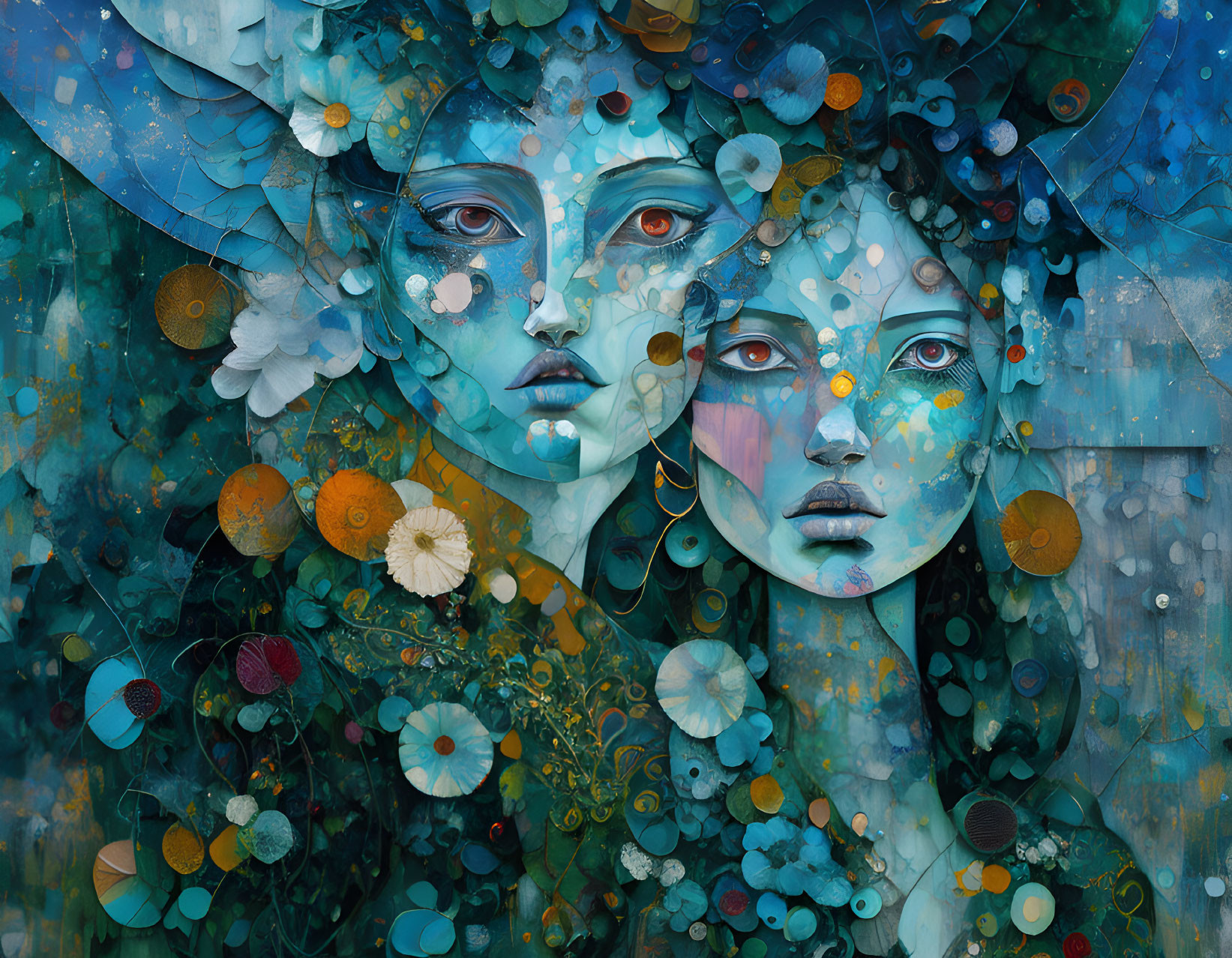 Surreal digital artwork of two female faces in vibrant blue hues