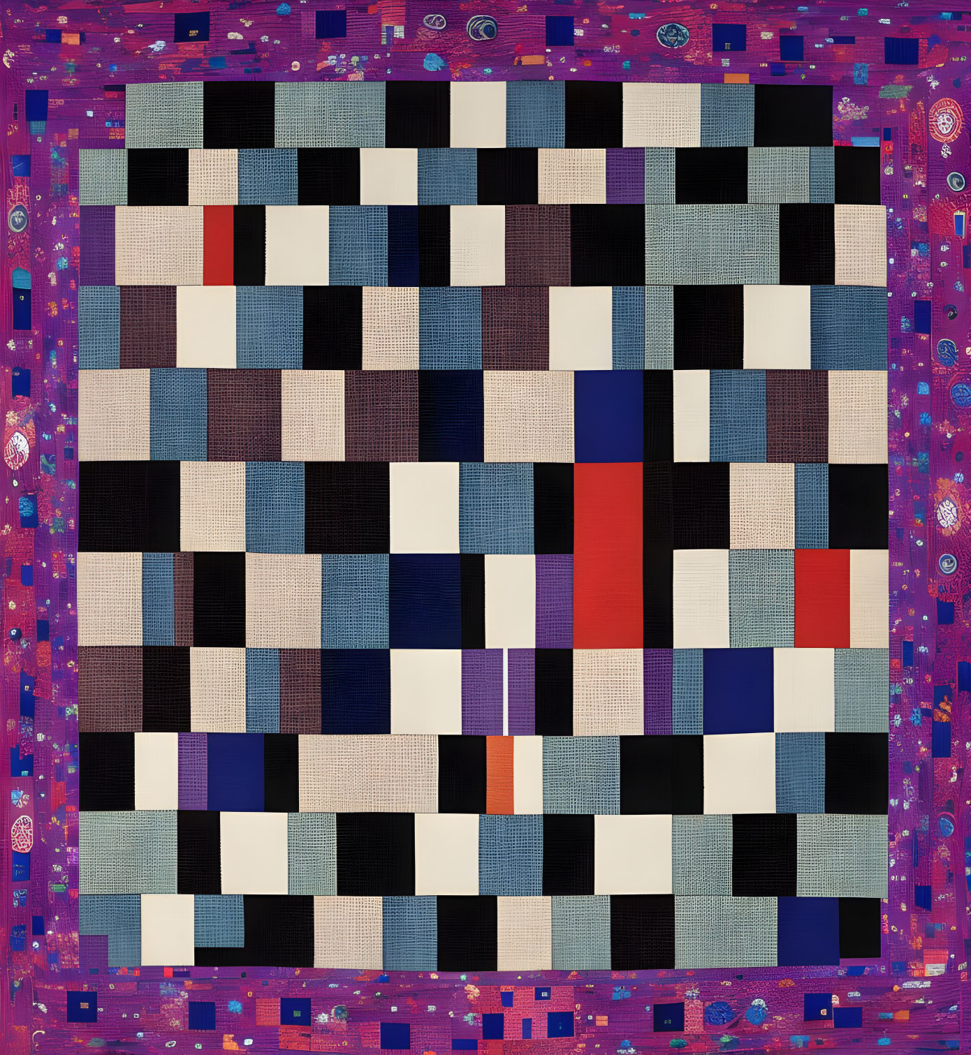 Geometric patchwork quilt in blue, purple, red, and white with detailed frame