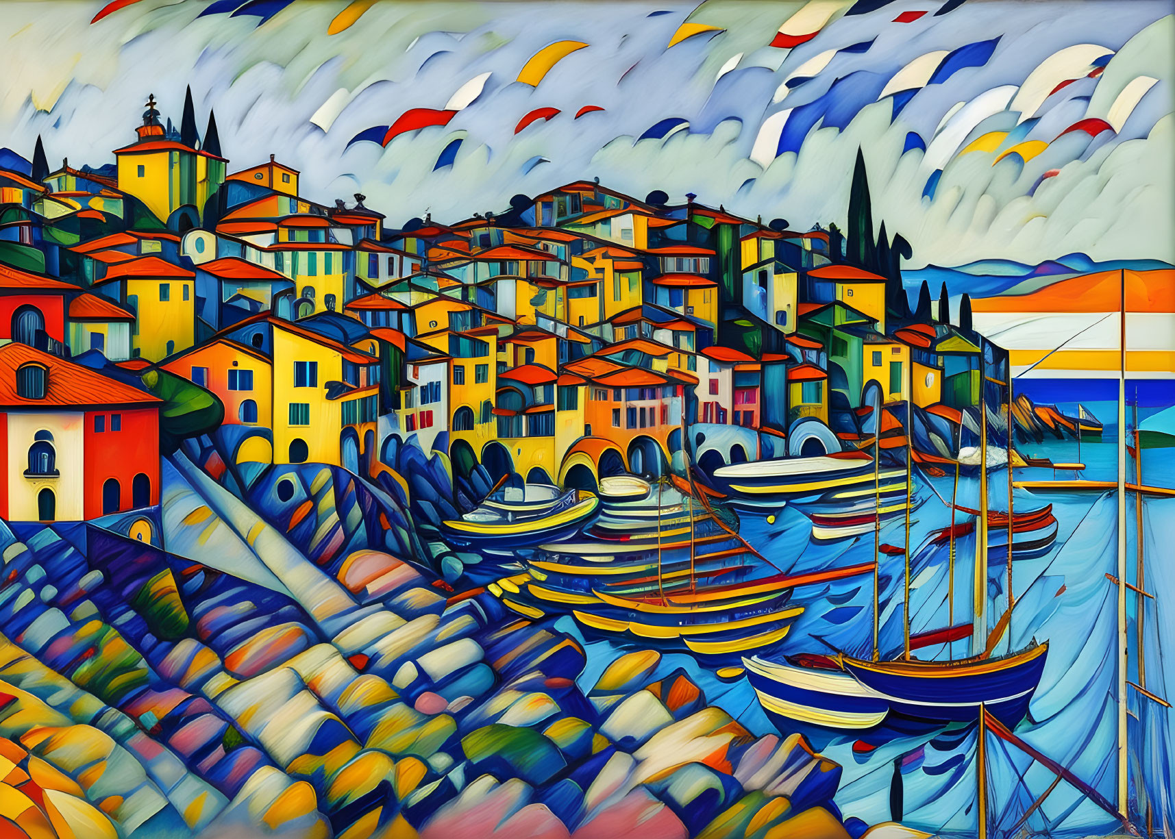 Vibrant Coastal Village Painting with Whimsical Houses and Boats