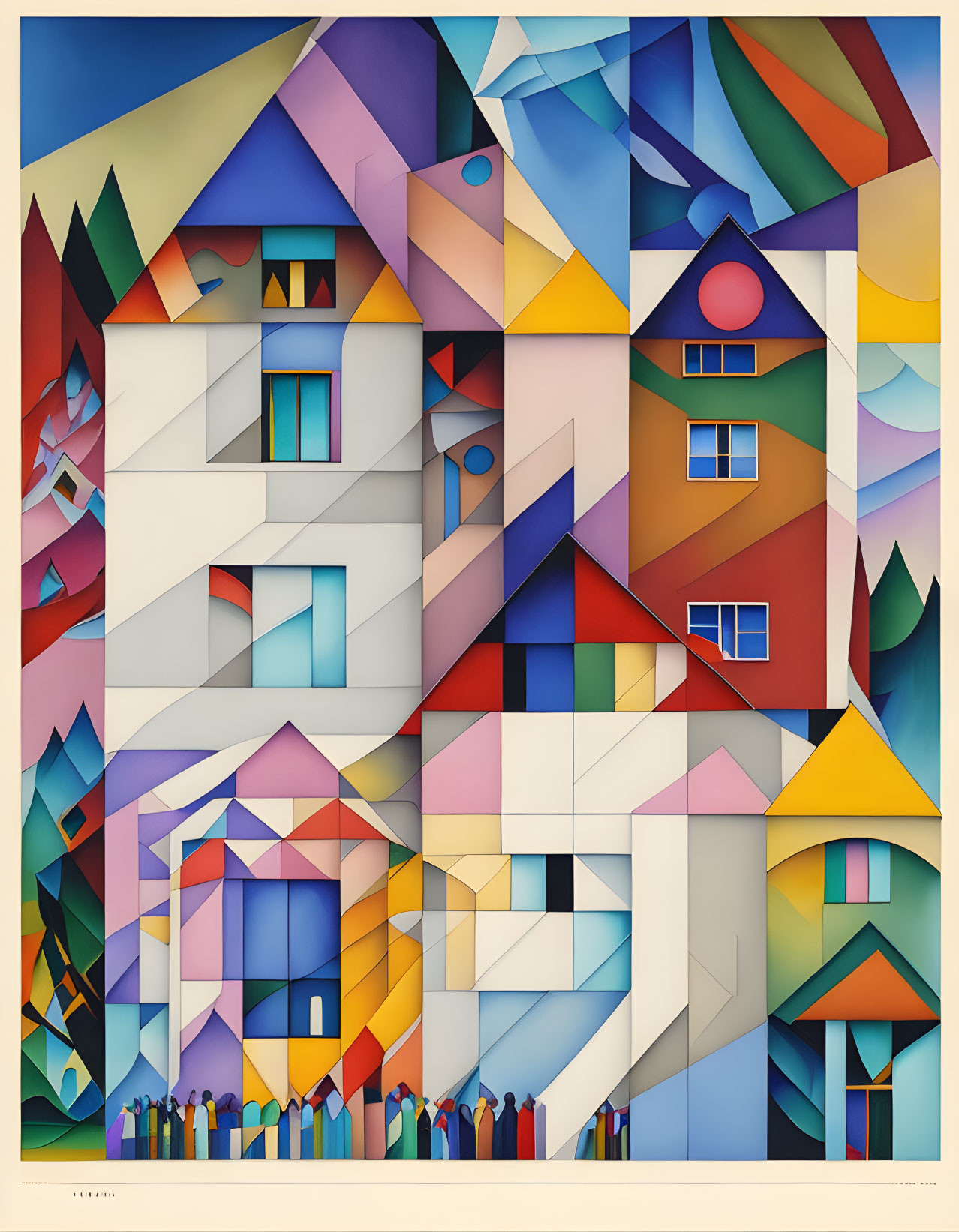 Abstract Cubist Painting of Colorful Geometric Houses