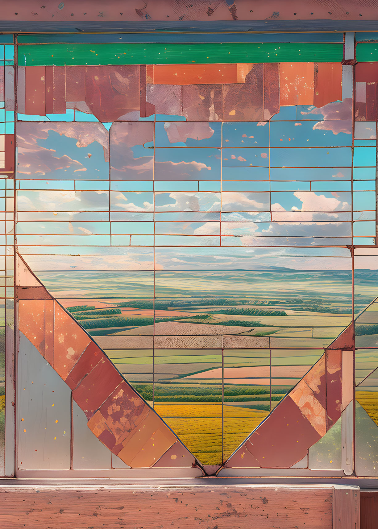 Broken panes distort scenic view of rolling fields