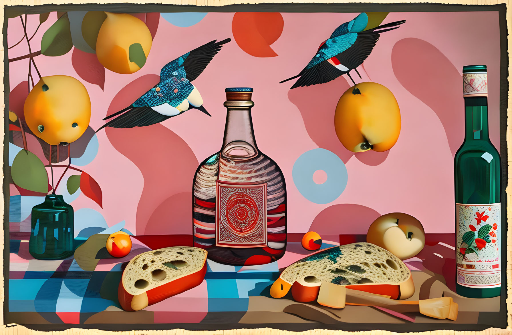 Vibrant still-life illustration with birds, fruits, bread, cheese, and bottles