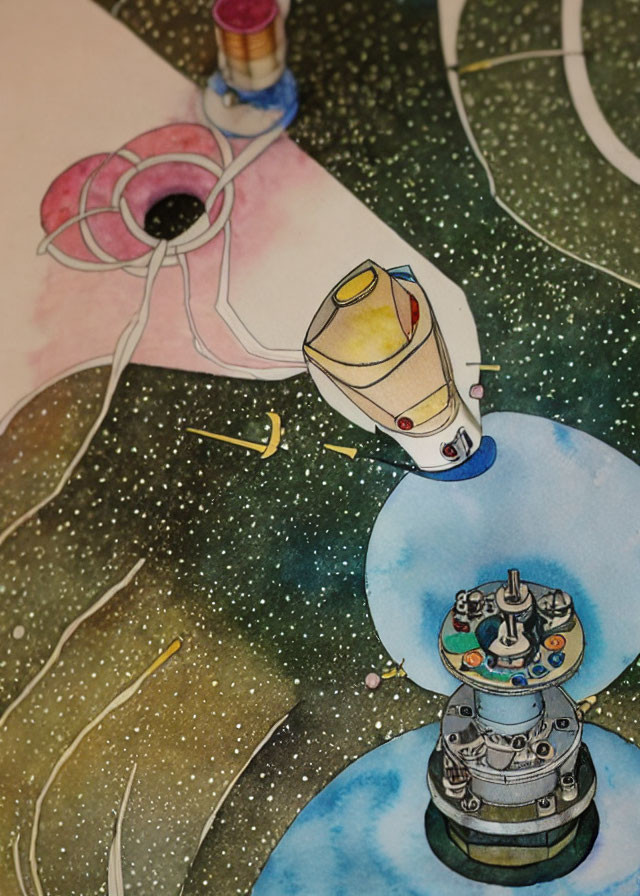 Colorful Watercolor Illustration of Spacecraft Approaching Space Station