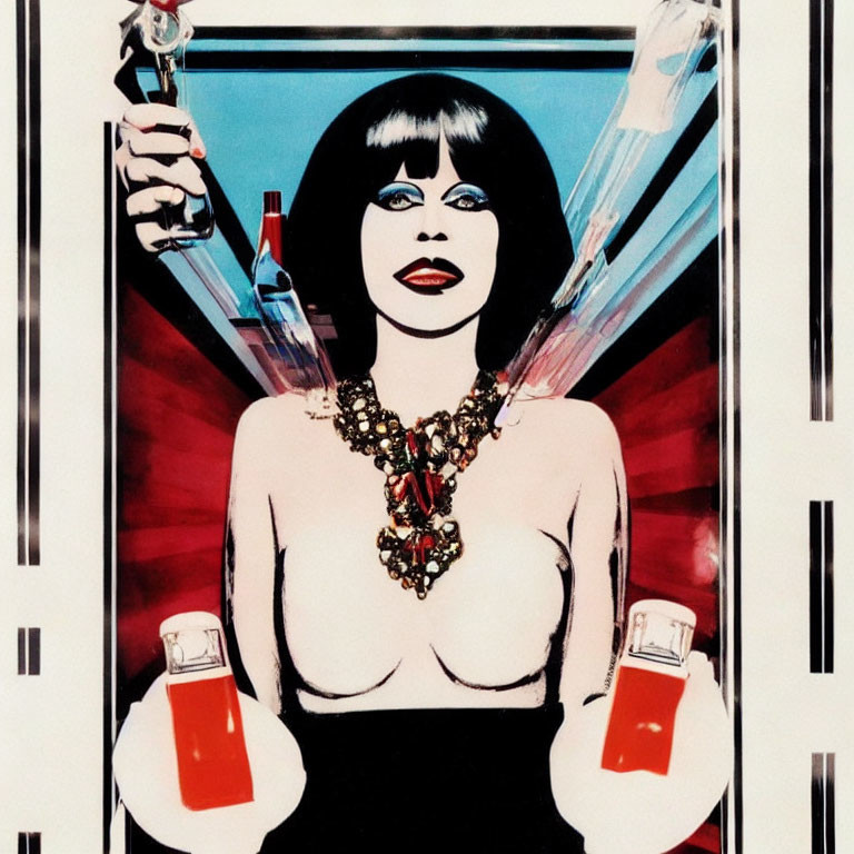 Woman in Pop Art Style with Dark Hair and Heavy Makeup Holding Bottles