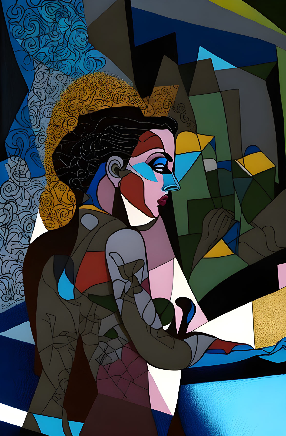 Colorful Cubist-Style Woman Profile with Geometric Shapes & Patterns