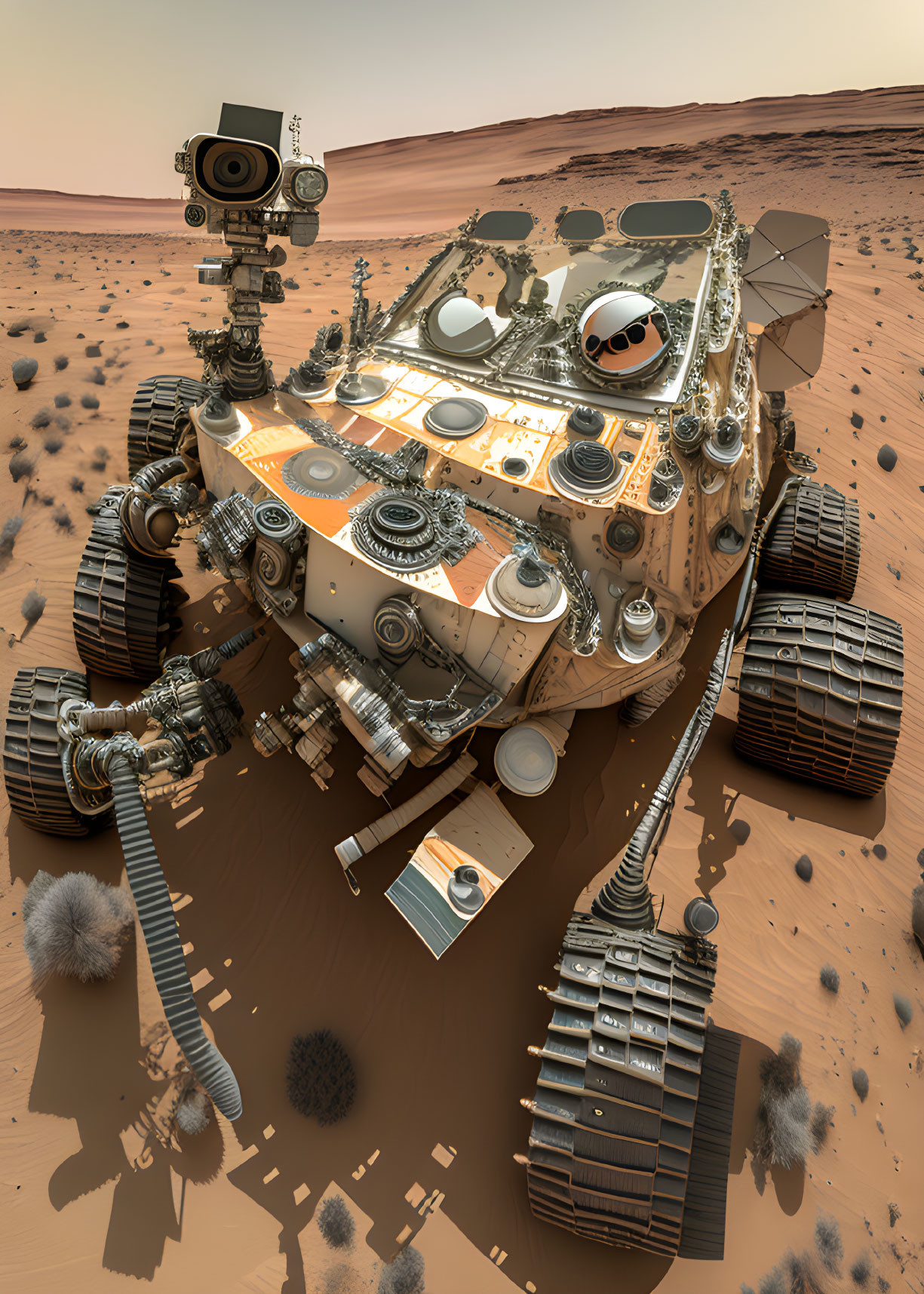 Robotic Mars rover with six wheels exploring rocky Martian landscape