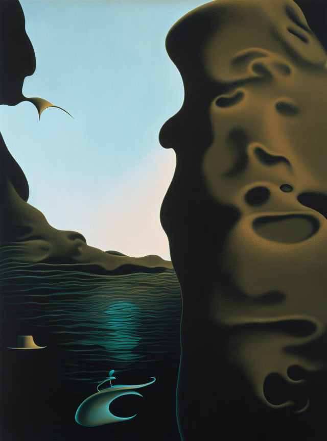 Surrealist painting with silhouetted figures, moon crescent, tranquil sea, floating hat