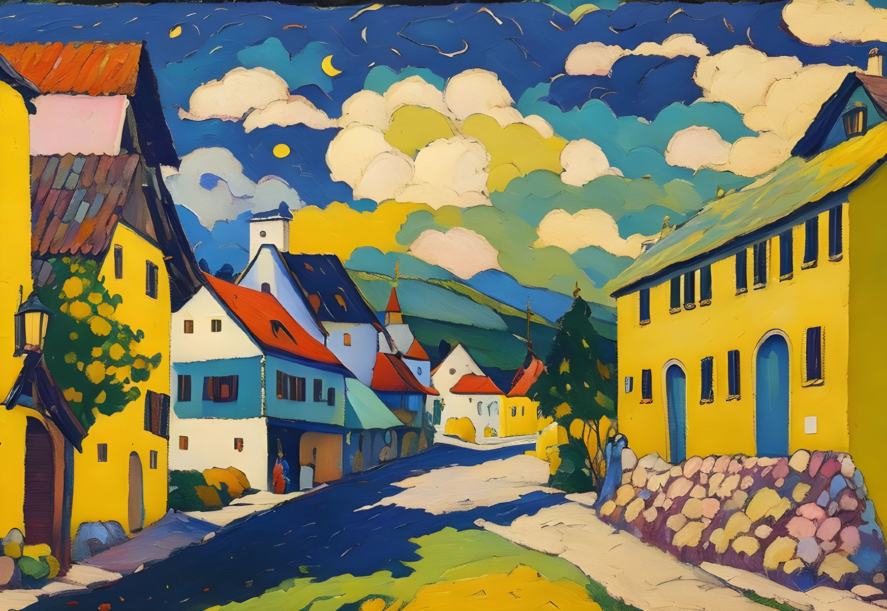 Colorful Village Painting with Cobblestone Street & Fluffy Clouds