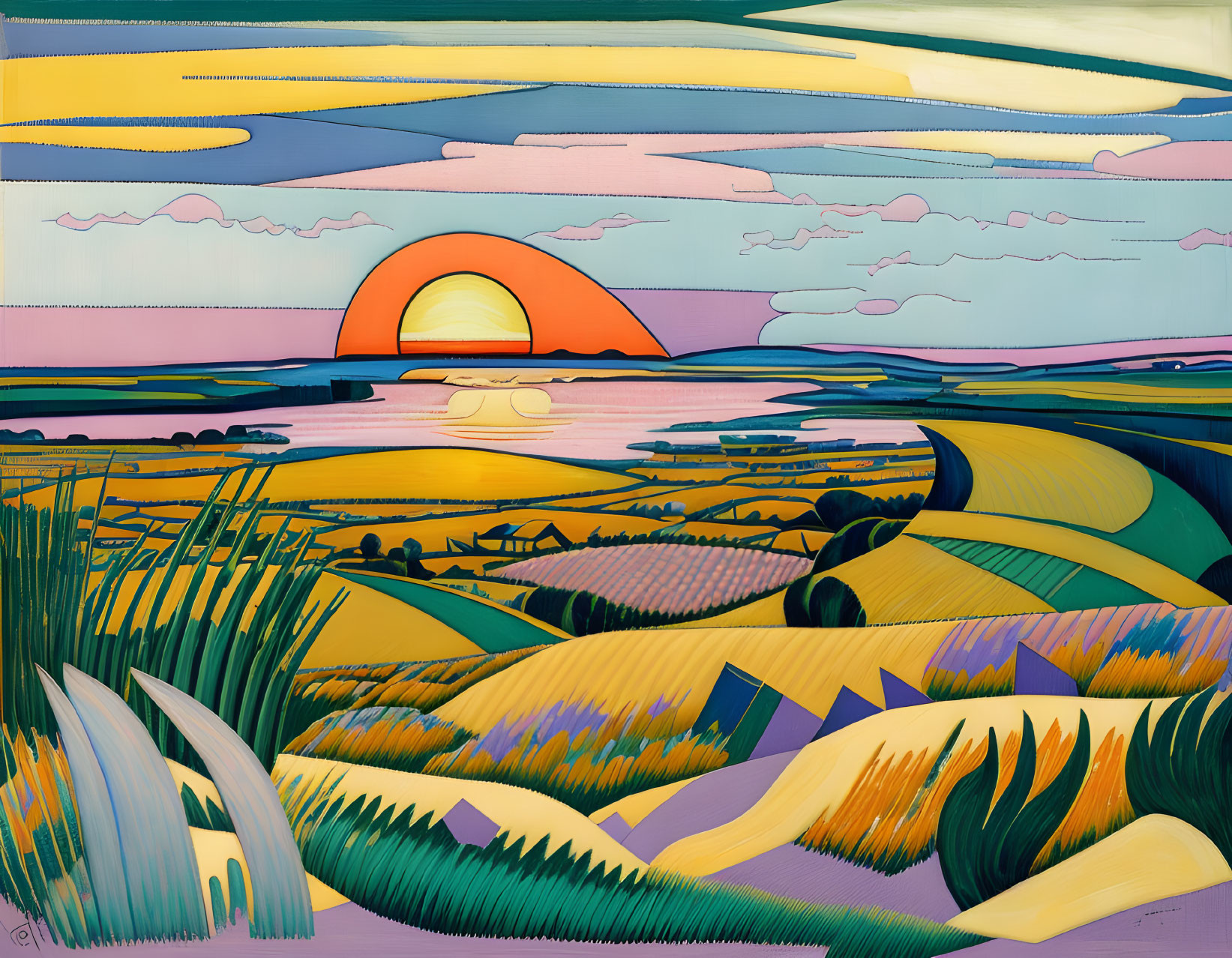 Colorful Sunset Landscape with Rolling Hills and Water