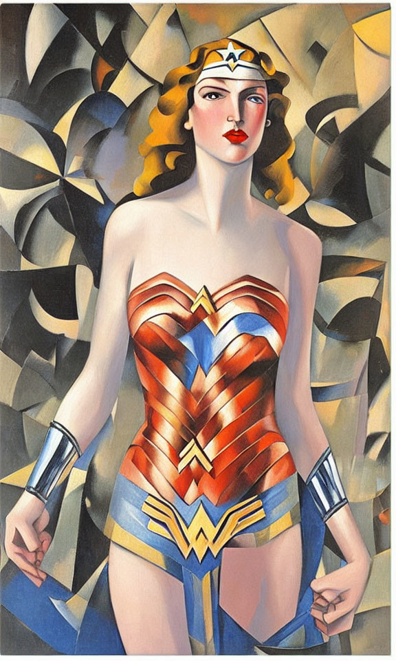 Female superhero illustration: golden tiara, red & gold bodice, blue starred bottoms, silver wrist