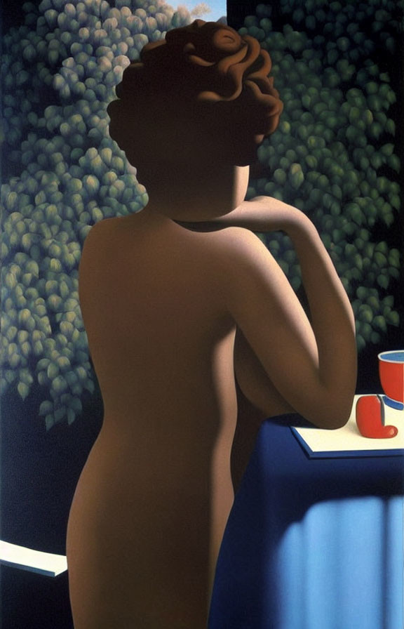 Stylized painting of nude woman's back against floral wall with red cup on table