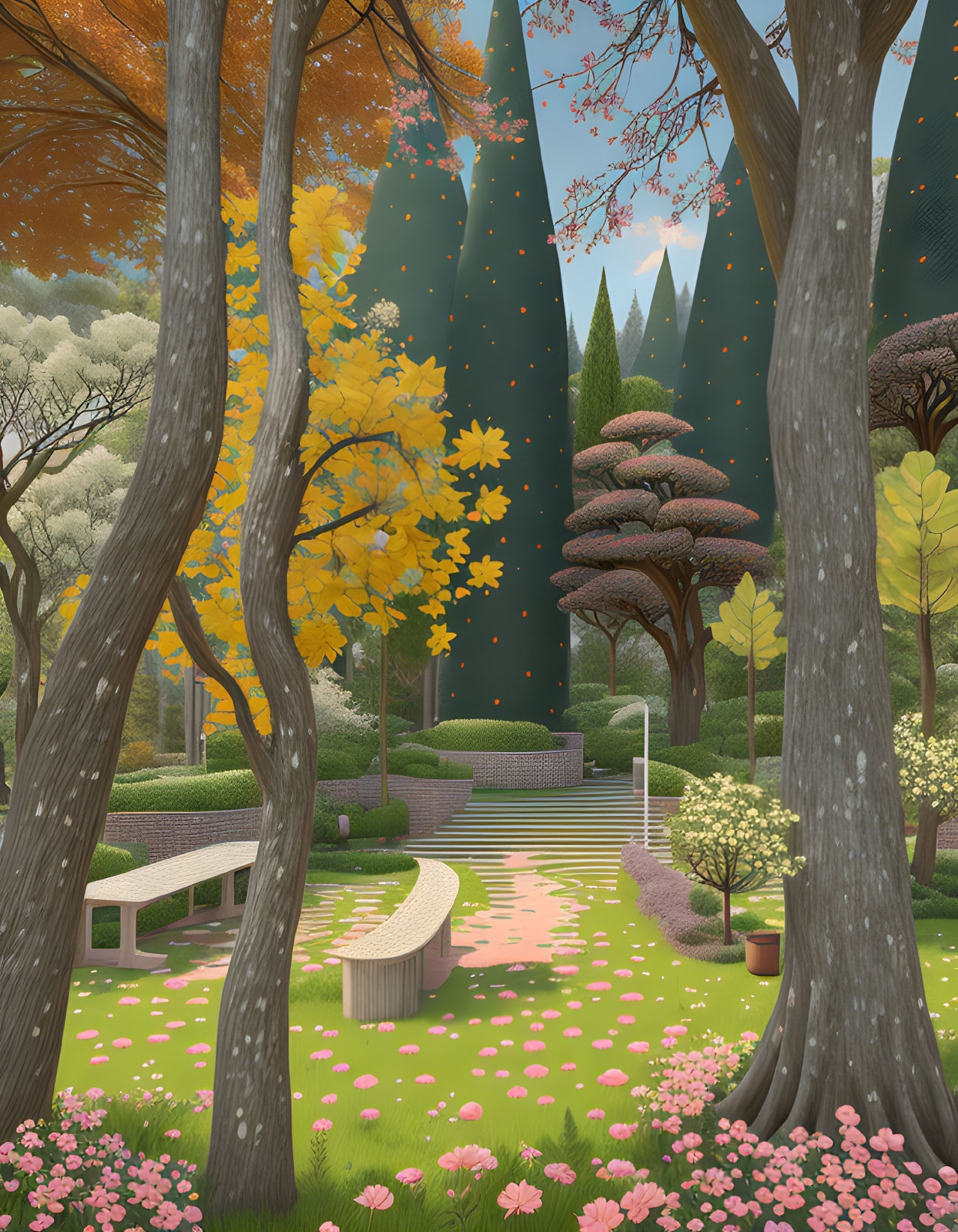 Tranquil park scene with tall trees, winding path, benches, and pink petals.