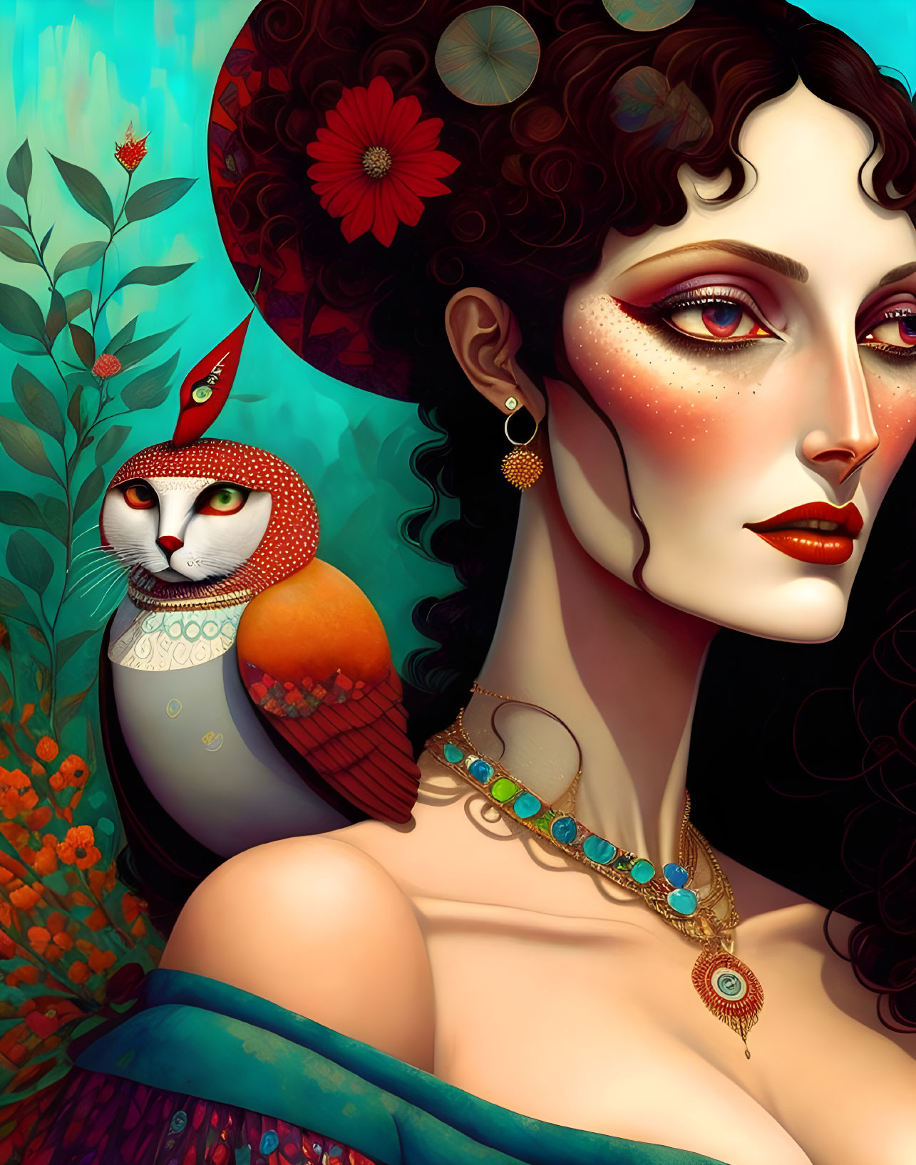 Detailed portrait of woman with dark hair and red flowers next to colorful bird in botanical scene