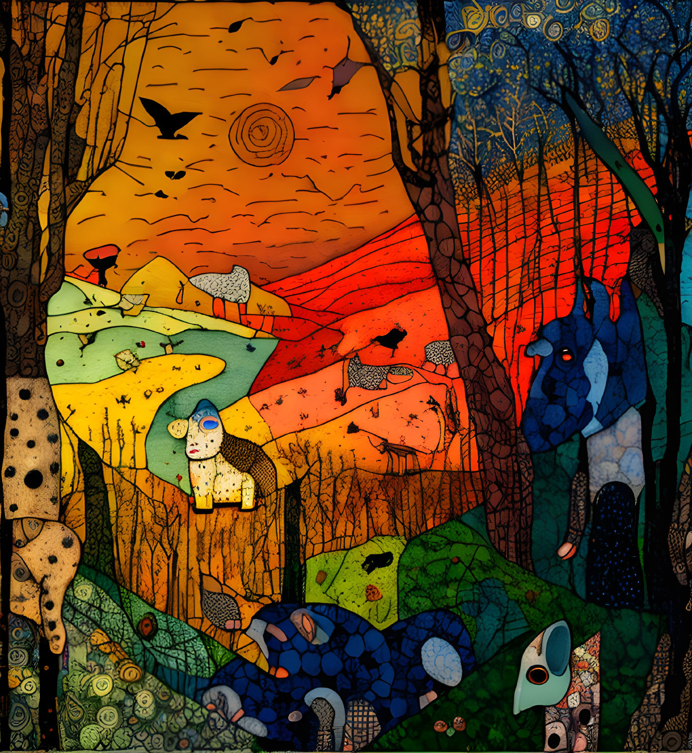 Colorful mosaic forest scene with animals and sunset.