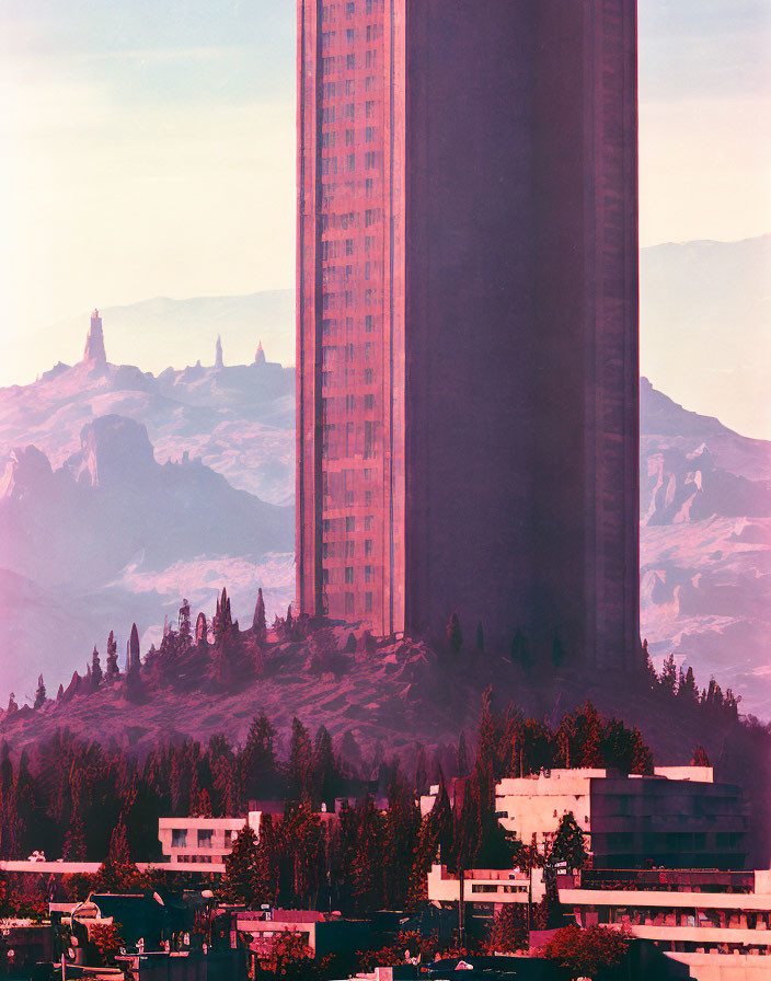 Futuristic skyscraper in forested landscape with mountains against pink sky