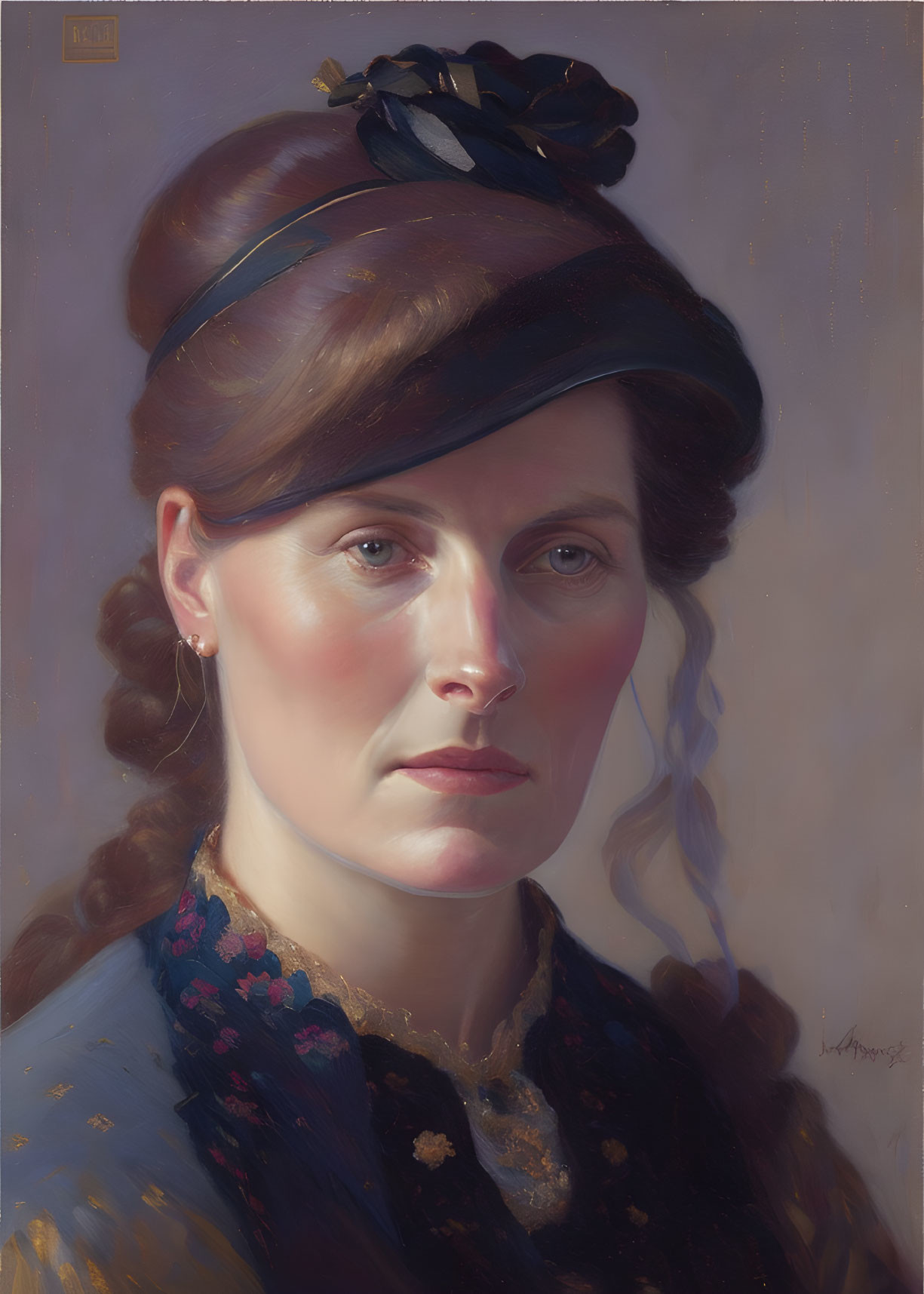 Portrait of woman with bun and braided hair in vintage attire