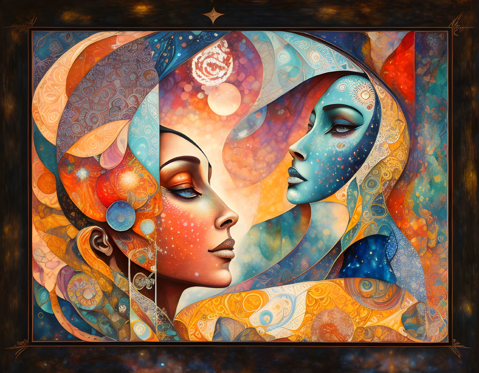 Stylized female faces in profile with vibrant colors and cosmic patterns on dark background